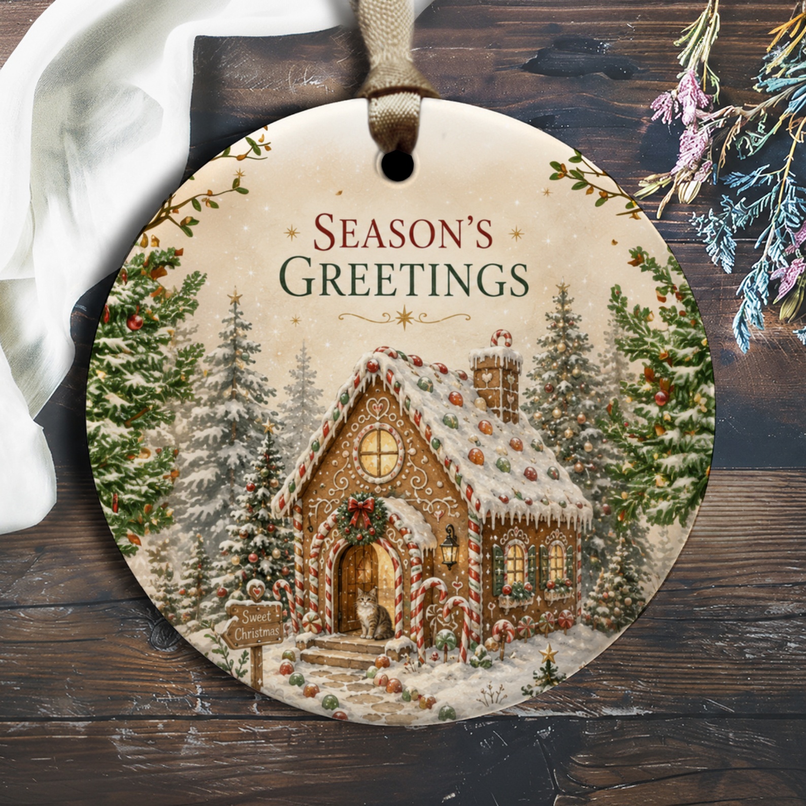 Season's Greetings Christmas Ornament Gingerbread House Winter Holiday Decor Festive Tree Decoration Seasonal Gift O1751