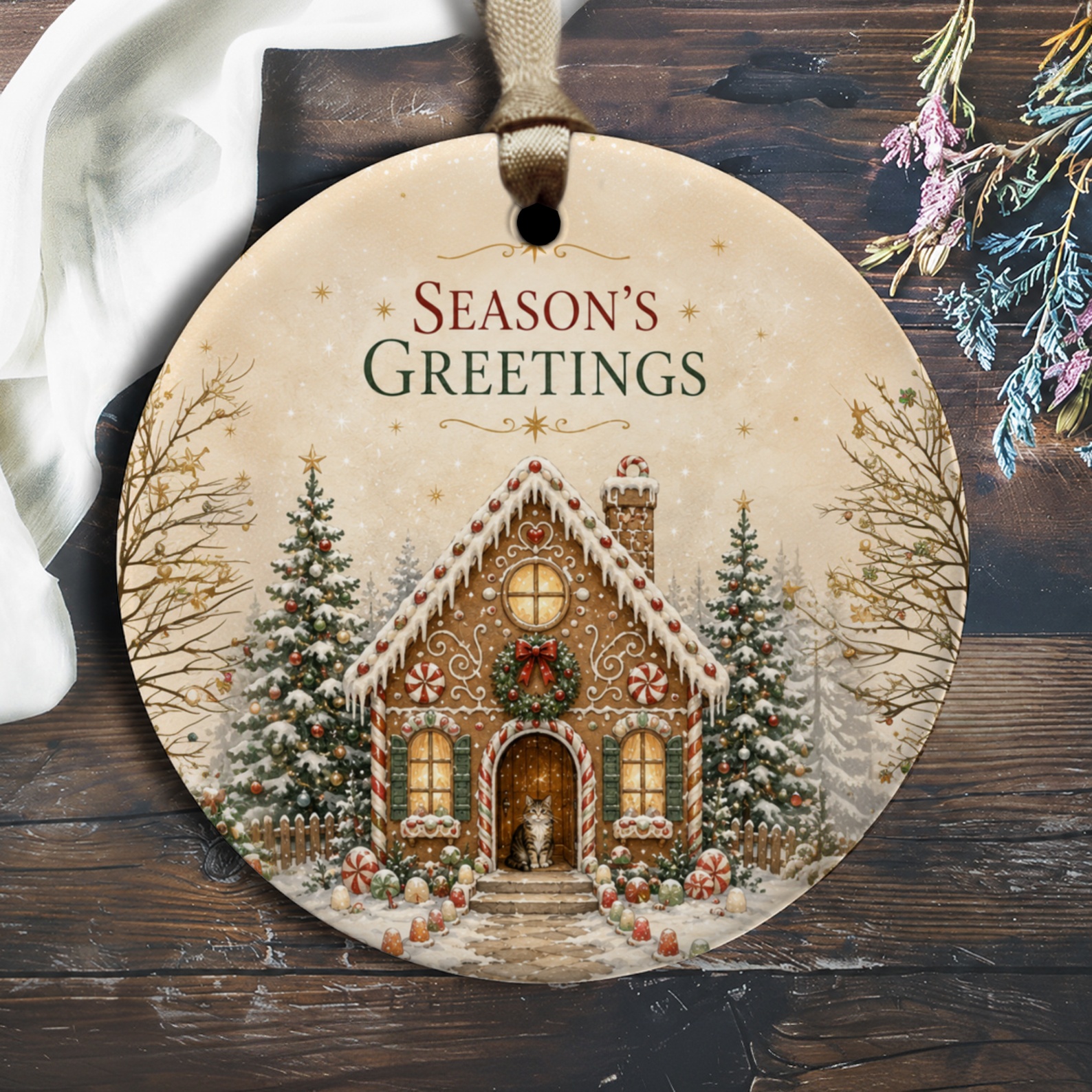Season's Greetings Christmas Ornament Gingerbread House Holiday Decor Festive Tree Decoration Winter Wonderland Scene O1752