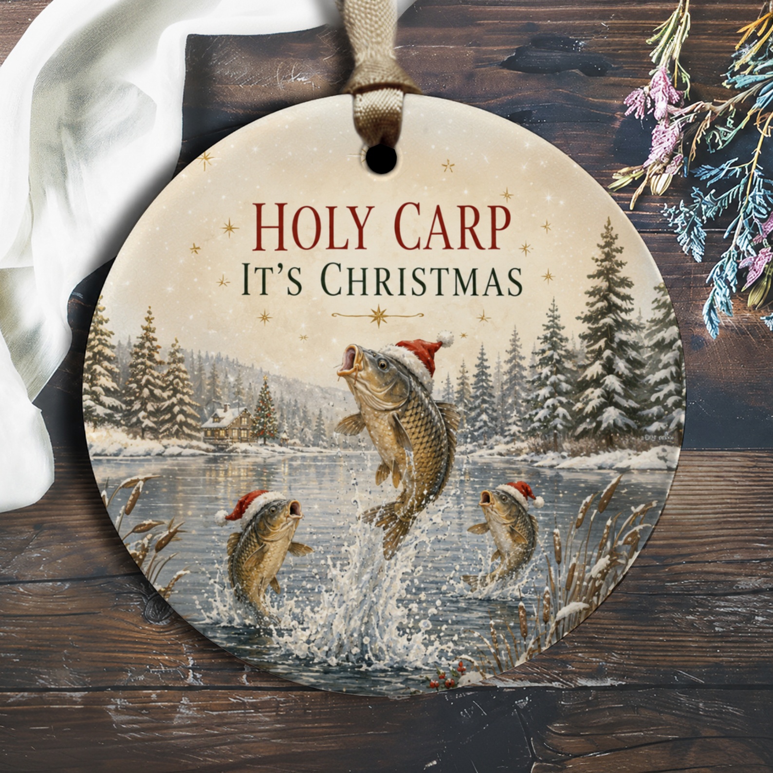 Holy Carp It's Christmas Funny Fish Ornament Christmas Decor Holiday Gift For Fisherman Winter Scene Santa Hat O1759