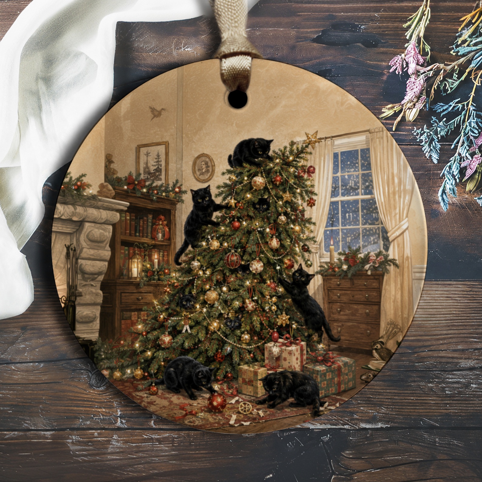Black Cats Christmas Ornament Festive Holiday Decor Cat Lover Gift Cute Tree Decoration Cozy Winter Scene O1762
