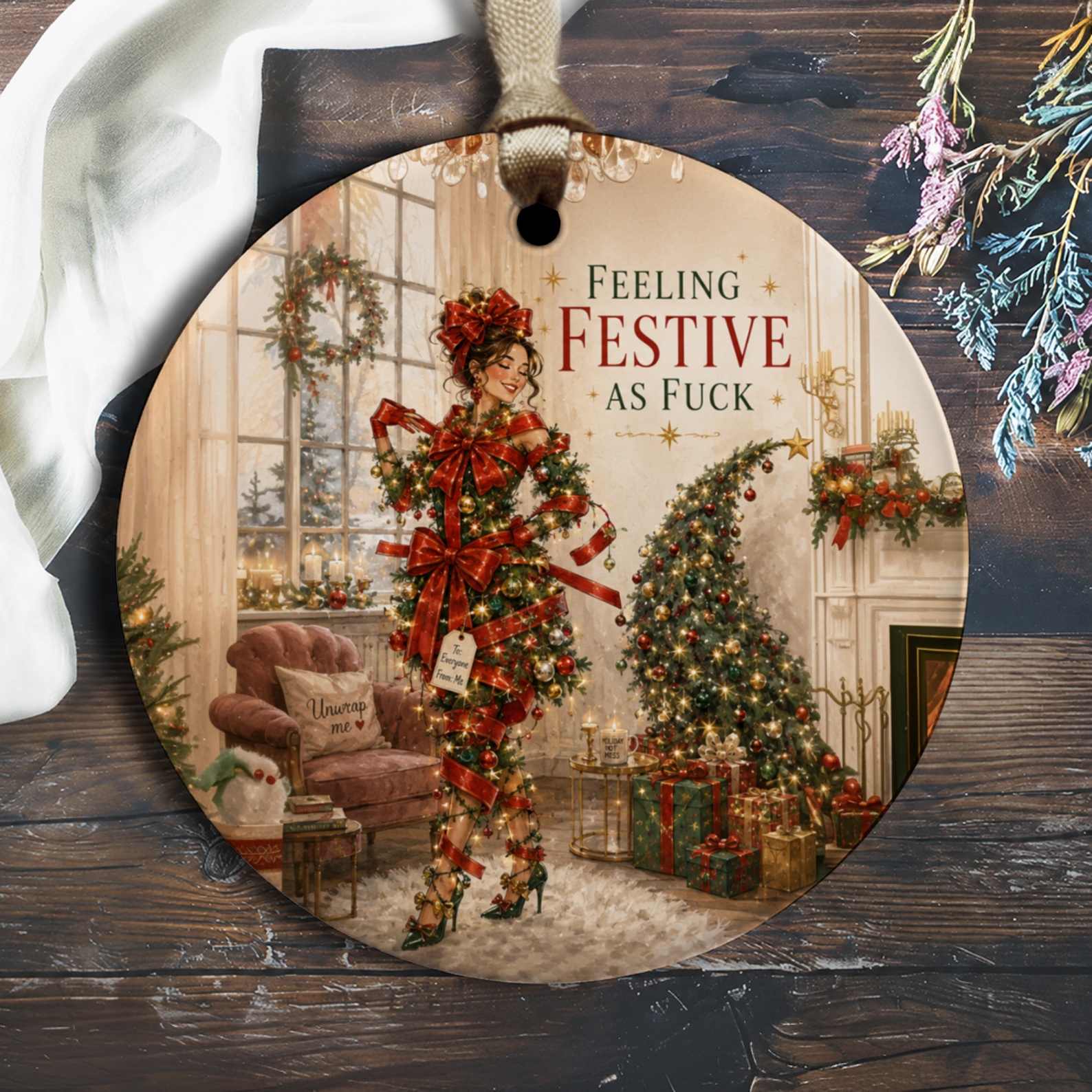 Feeling Festive As Fuck Christmas Ornament Funny Holiday Decor Unique Xmas Tree Decoration Gift For Her O1767
