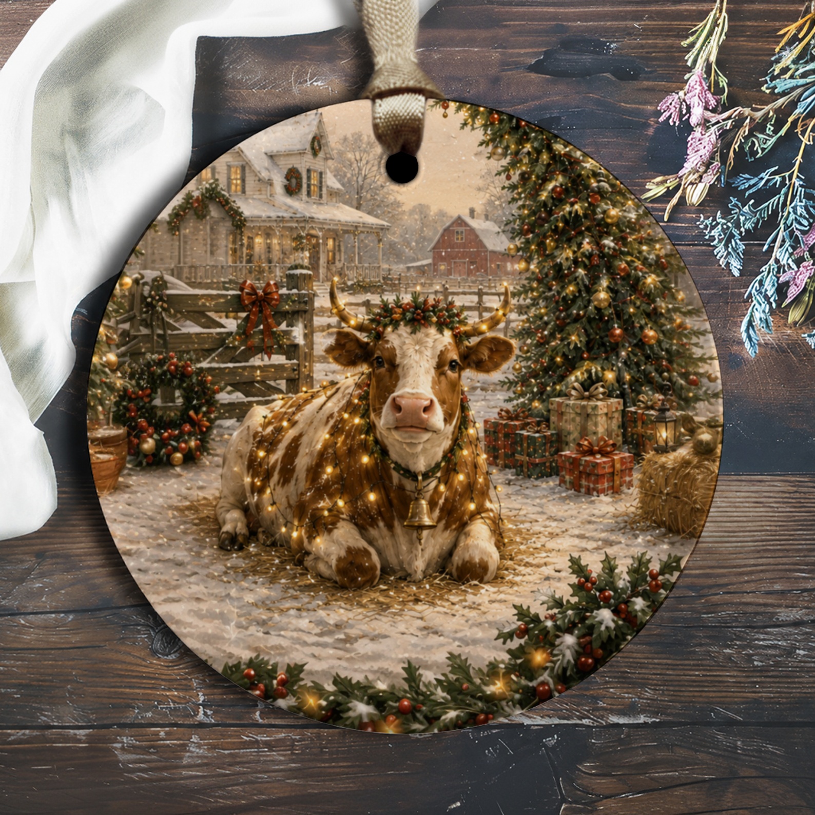 Christmas Cow Ornament Festive Farmhouse Decor Holiday Tree Decoration Rustic Winter Scene Animal Lover Gift O1769
