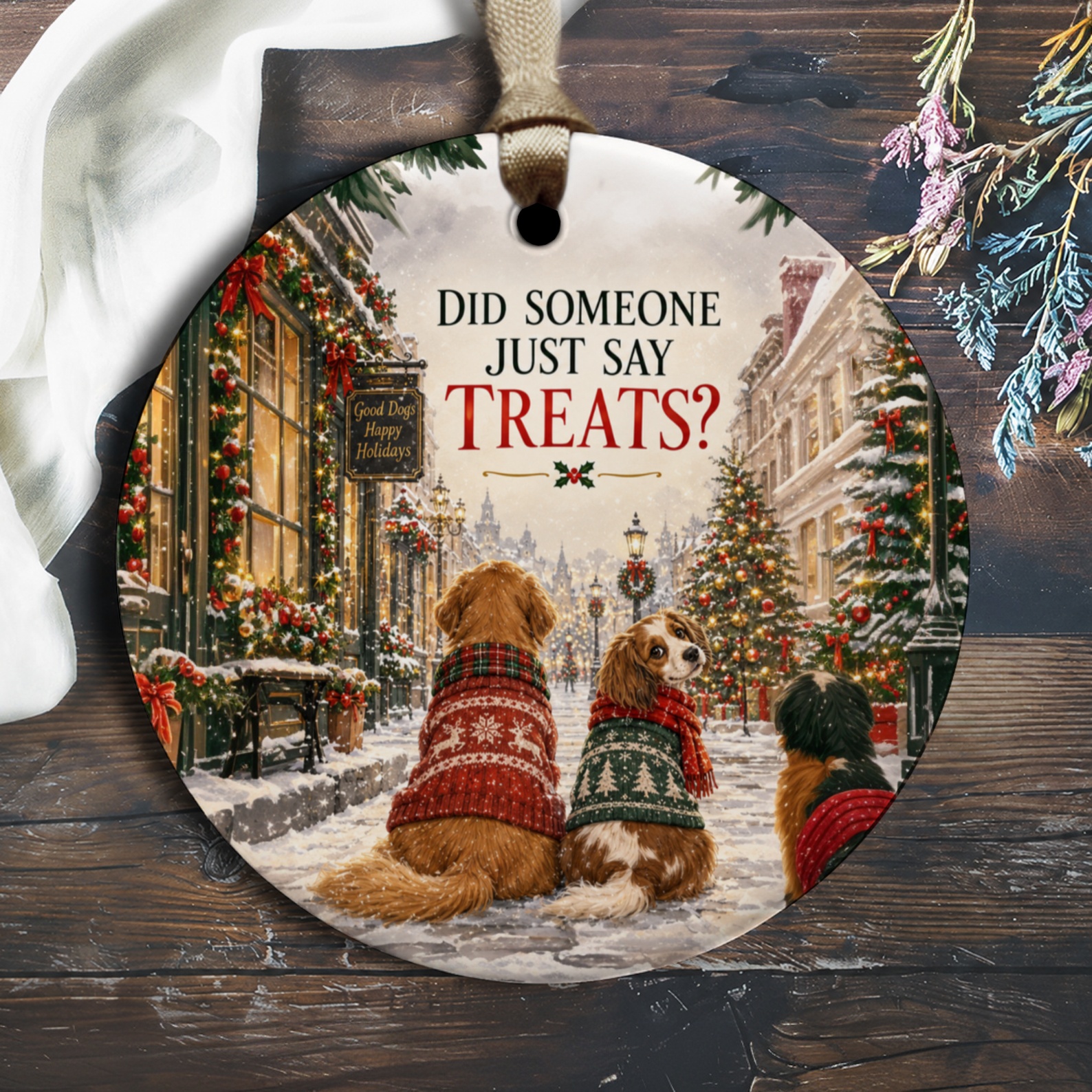 Did Someone Just Say Treats? Christmas Ornament Cute Dogs In Holiday Sweaters Festive Decor Pet Lover Gift O1776