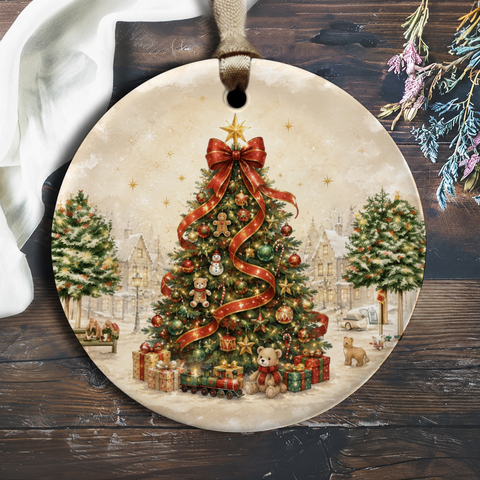 Christmas Tree Ornament Festive Holiday Decor With Gifts And Teddy Bear Winter Wonderland Scene O1802