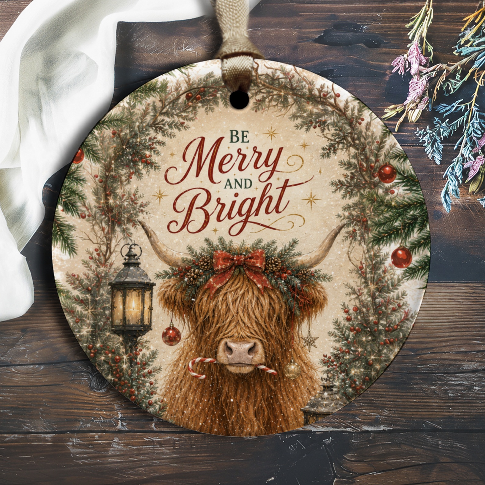 Be Merry And Bright Christmas Ornament Festive Cow Wreath Holiday Decor Rustic Farmhouse Style Tree Decoration O1805