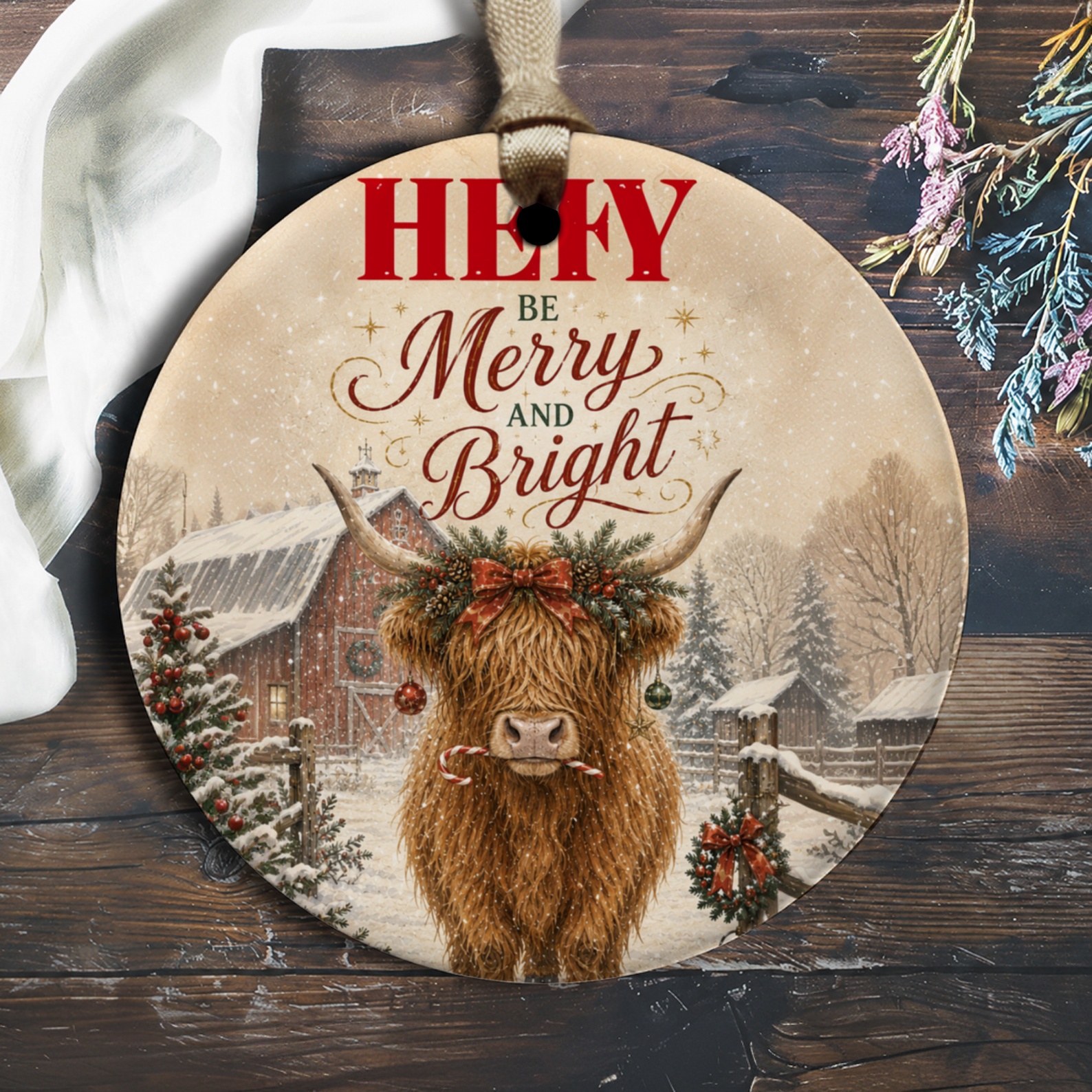 Hefy Be Merry And Bright Christmas Ornament Highland Cow Festive Decor Rustic Holiday Decoration Farmhouse Style O1806