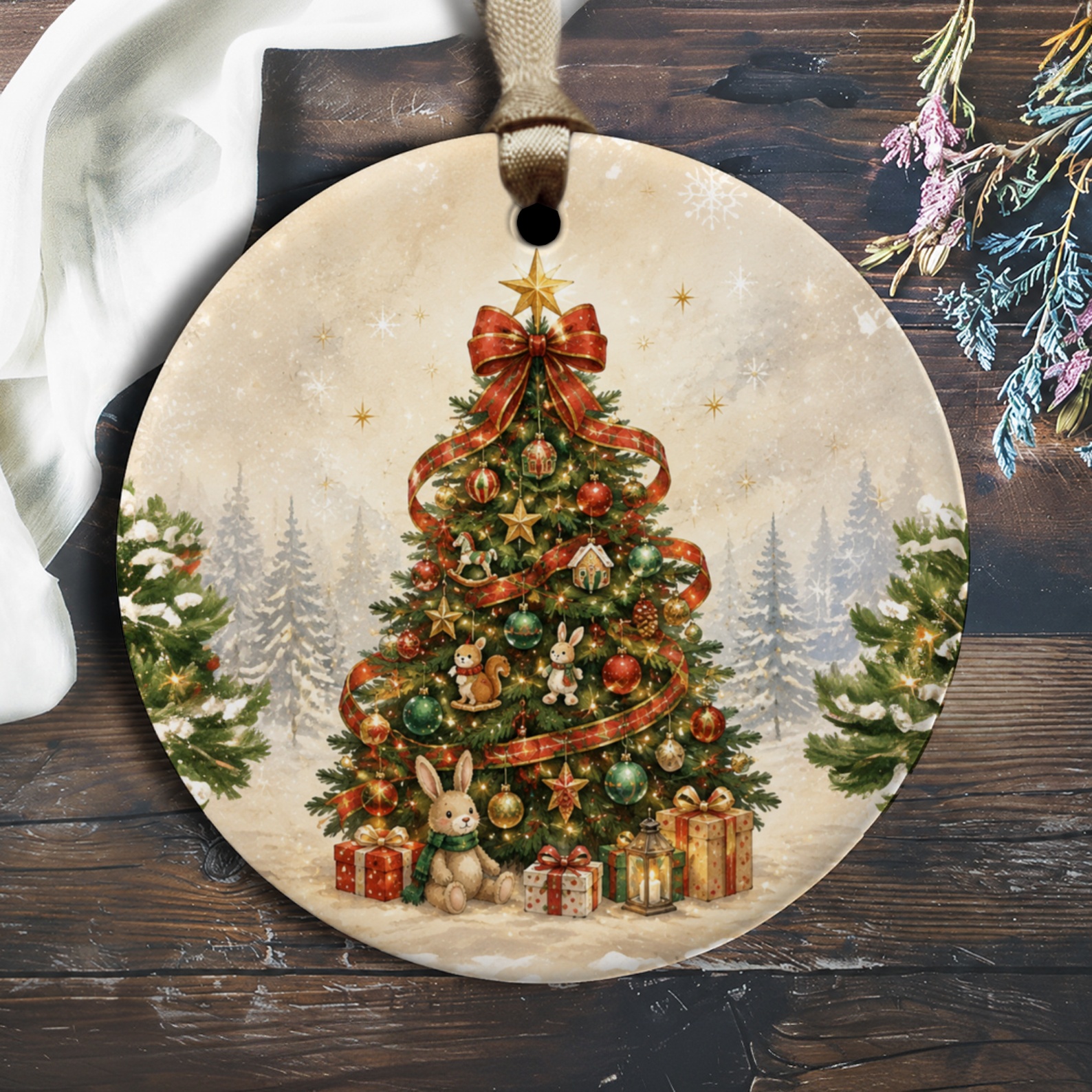 Christmas Tree Ornament With Animals And Gifts Festive Holiday Decor Cute Woodland Creatures Winter Wonderland Decoration O1810