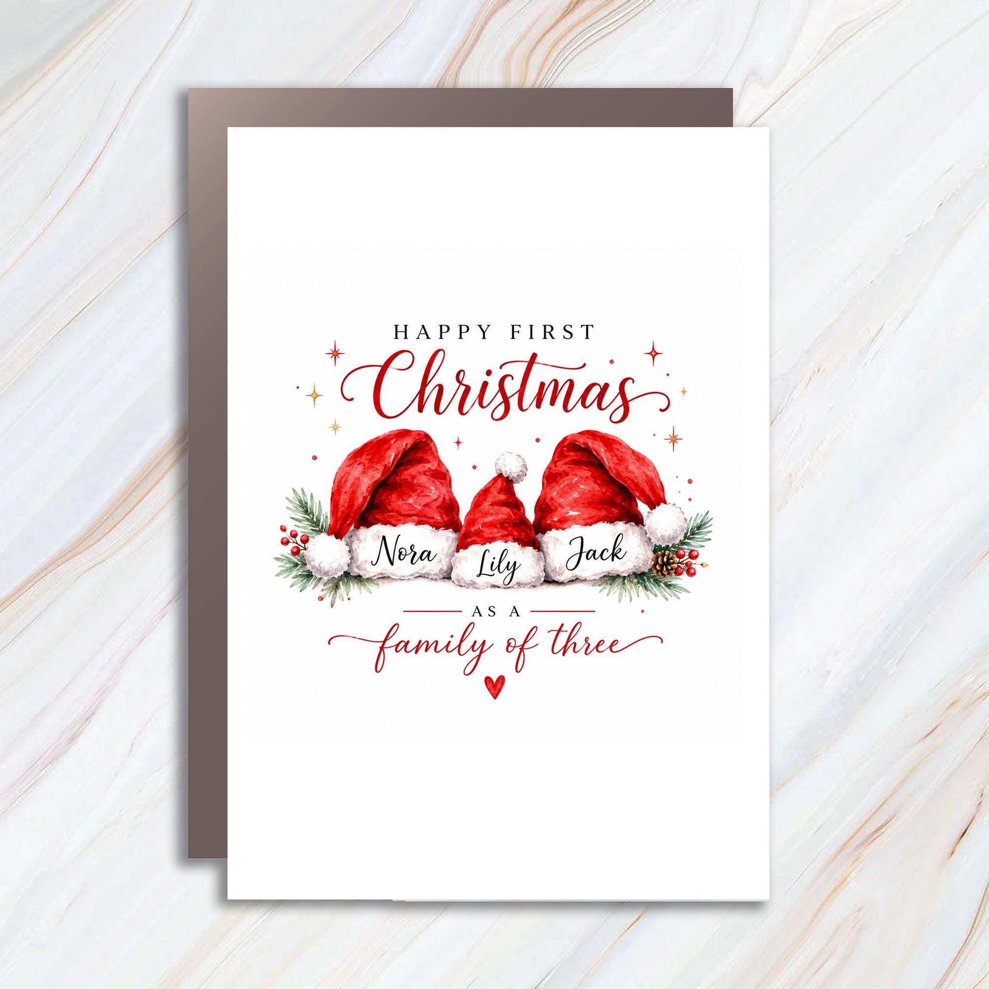 Happy First Christmas As A Family Of Three Christmas Card Personalized Holiday Greeting Card New Parents Family C1318
