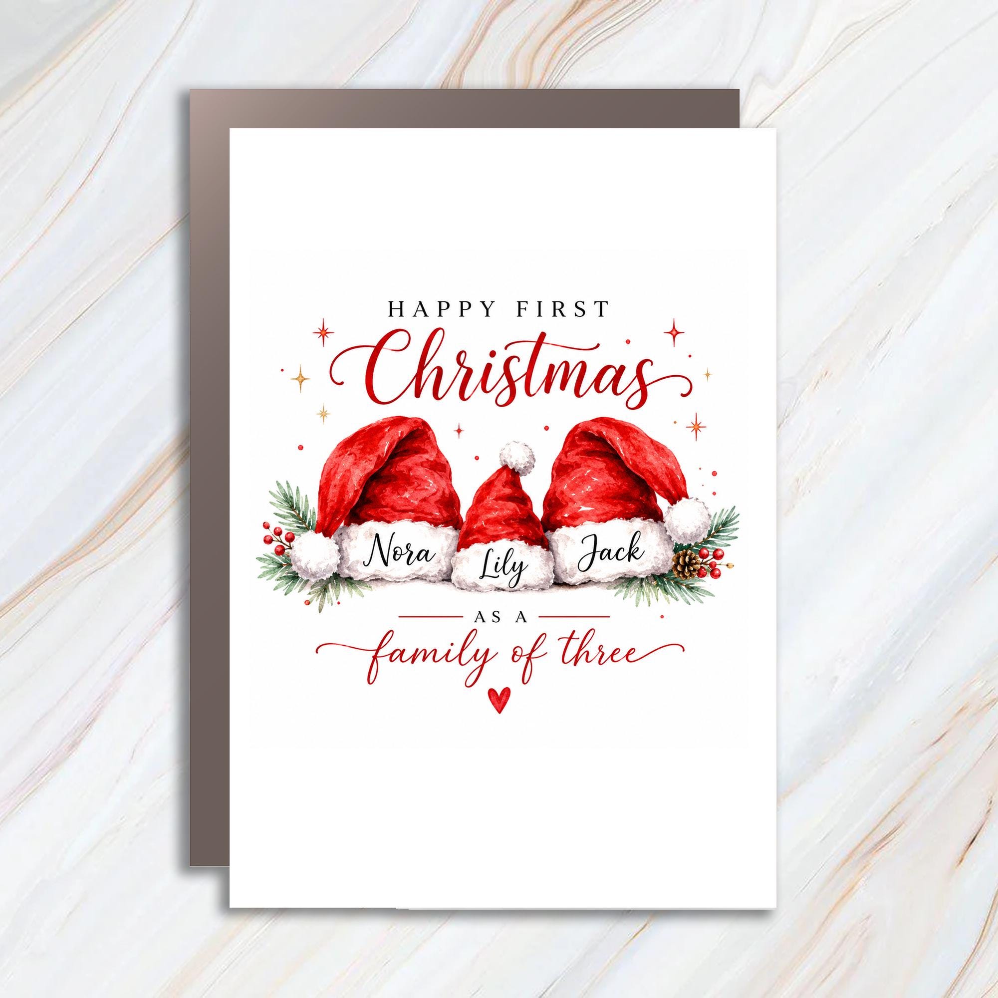 Happy First Christmas As A Family Of Three Personalized Christmas Card Family Holiday Greeting Card Custom Names Santa Hats C1323