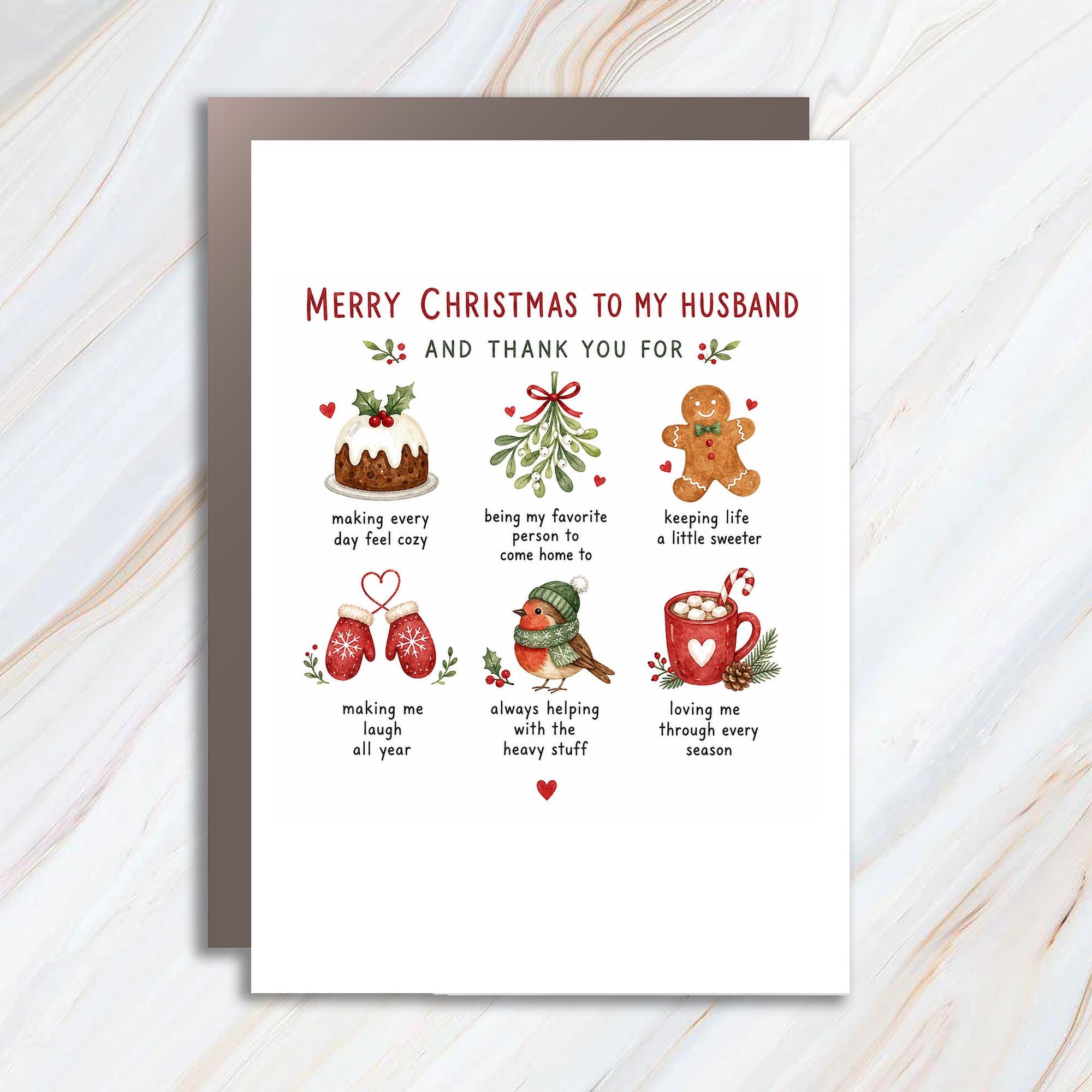 Merry Christmas To My Husband And Thank You For Christmas Card For Husband Holiday Greeting Card Cute Festive Illustrations C1326
