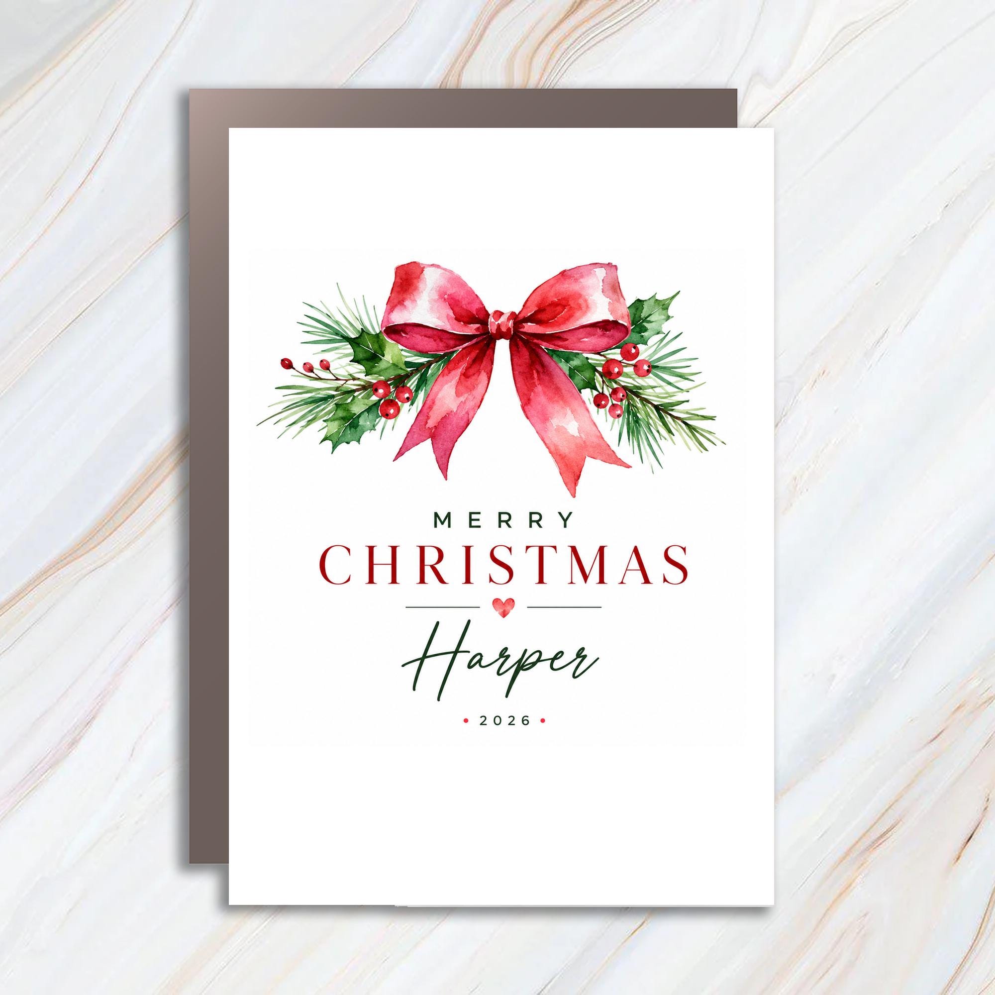 Merry Christmas 2026 Personalized Christmas Card Custom Holiday Greeting Card Festive Bow Holly C1327