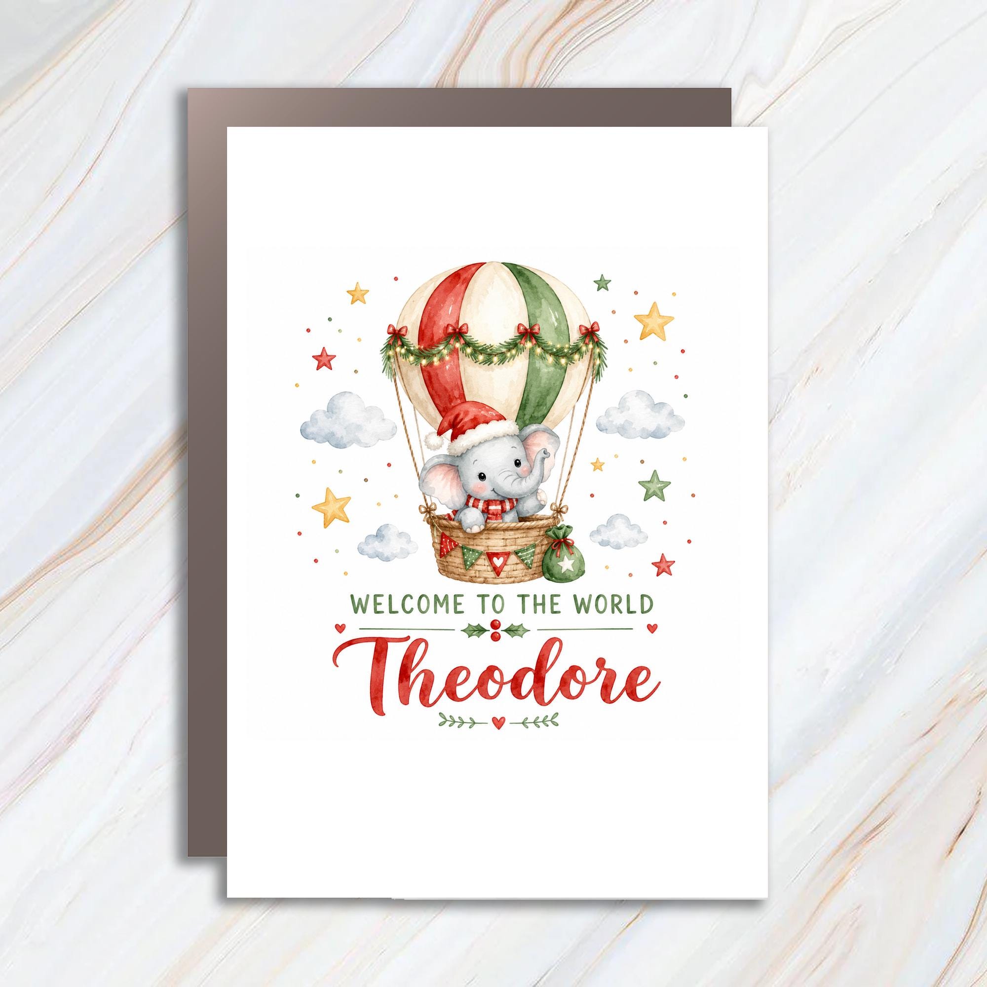 Welcome To The World Theodore Christmas Baby Card Cute Elephant Hot Air Balloon Newborn Greeting Card Holiday New Baby C1310