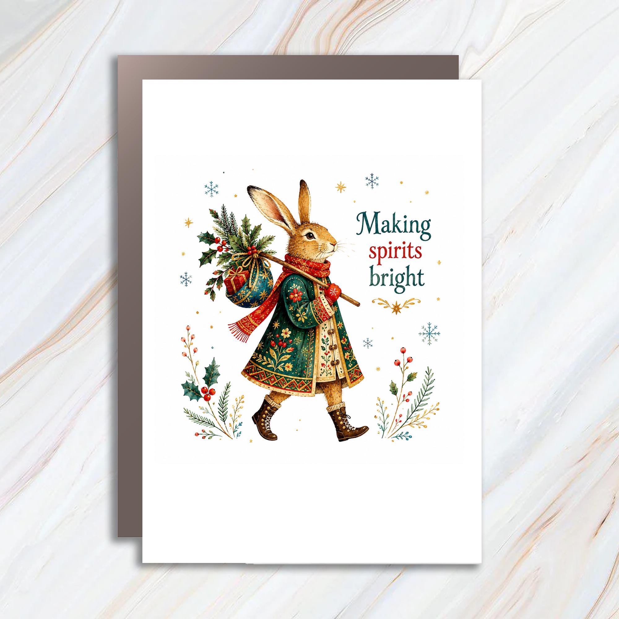 Making Spirits Bright Christmas Card Festive Rabbit Illustration Holiday Greeting Card Cute Animal For Friends Family C1335