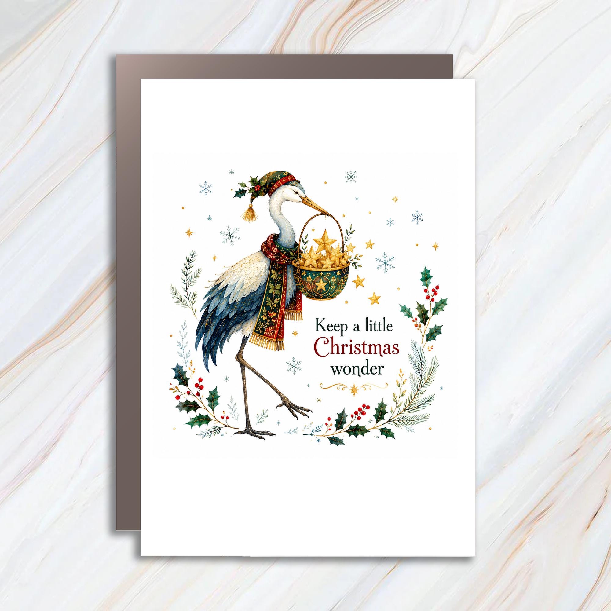 Keep A Little Christmas Wonder Holiday Greeting Card Stork With Stars Festive Illustration Christmas Card For Family Friends C1336