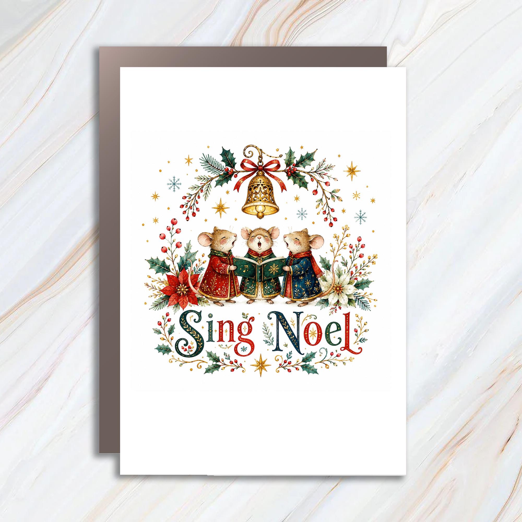 Sing Noel Christmas Card Cute Mice Choir Holiday Greeting Card Festive Illustration For Family Friends Seasonal Wishes C1341