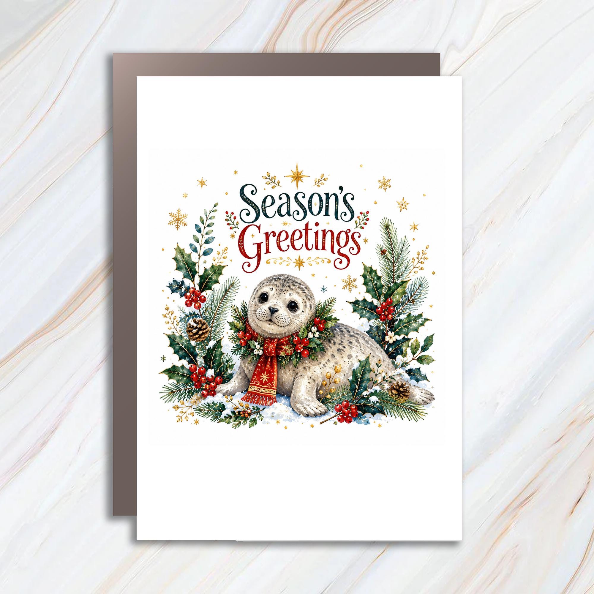 Season's Greetings Christmas Card Cute Seal Holiday Card Festive Winter Scene For Animal Lover Adorable Holiday Card C1342