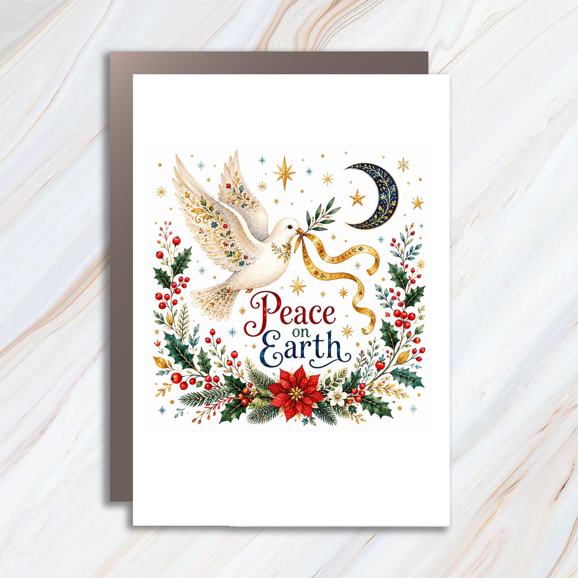 Peace On Earth Christmas Card Dove With Floral And Celestial Elements Holiday Greeting Card Festive For Friends Family C1345