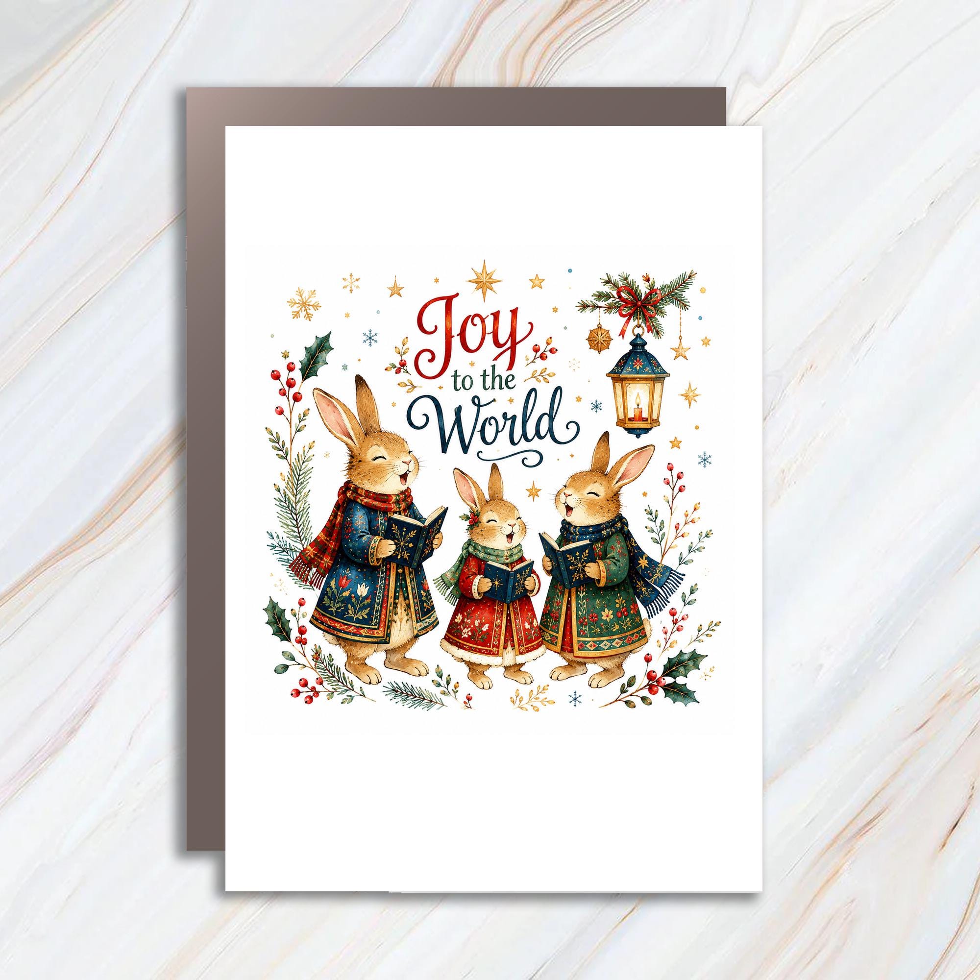 Joy To The World Christmas Card Cute Singing Bunnies Holiday Greeting Card Festive Animal Card For Family Friends C1347