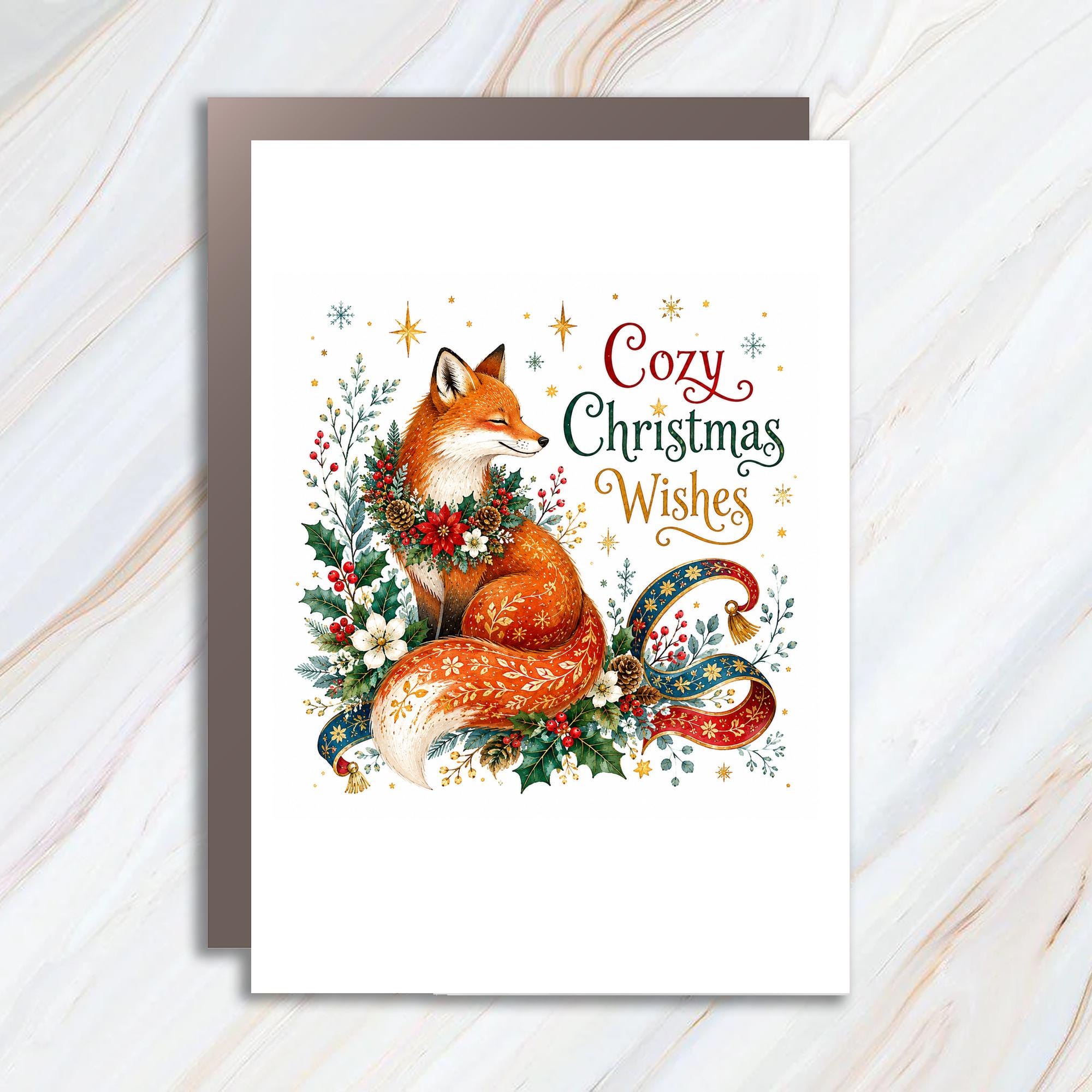 Cozy Christmas Wishes Fox Christmas Card Festive Holiday Greeting Card Woodland Animal Art Cute Winter Scene C1348