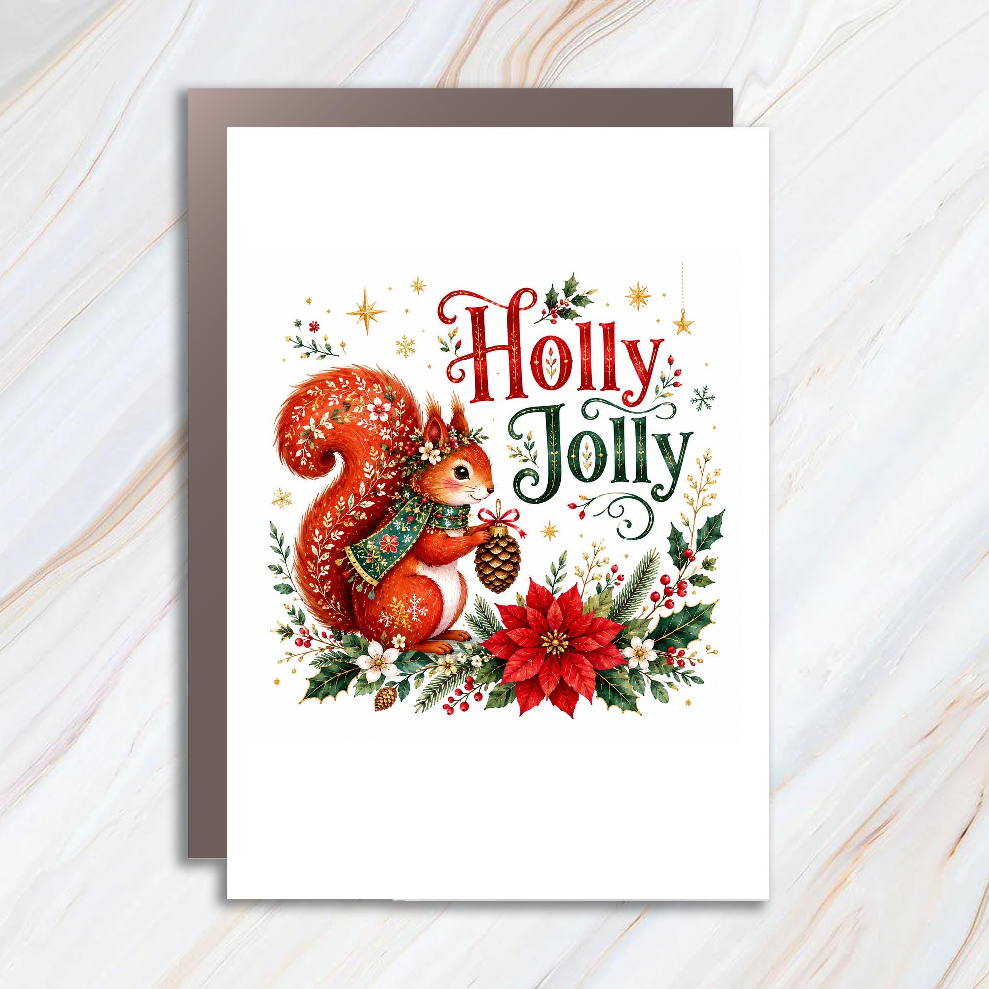 Holly Jolly Christmas Card Cute Squirrel With Pinecone Festive Holiday Greeting Card For Animal Lover Winter Scene C1350