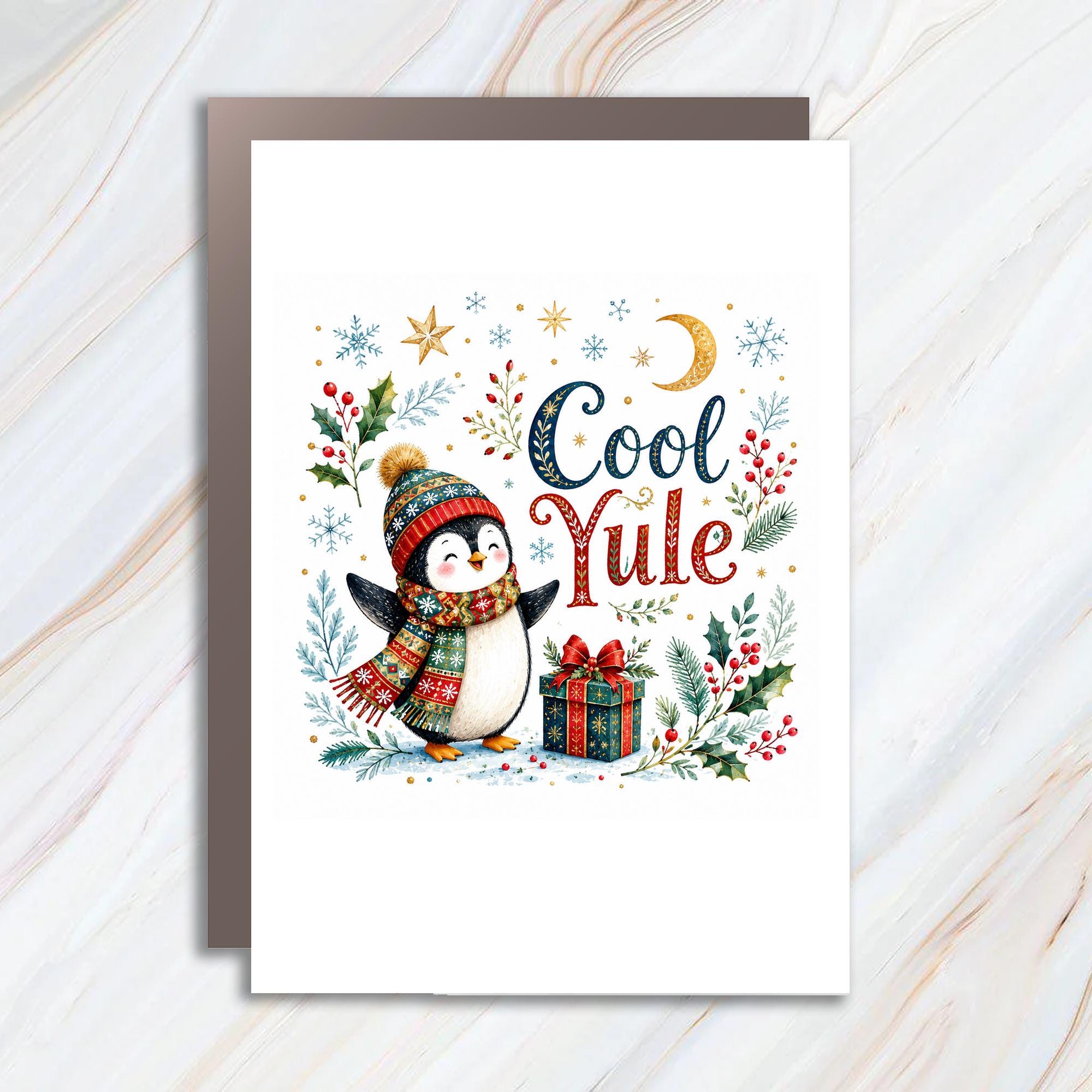 Cool Yule Christmas Card Cute Penguin With Gift Winter Holiday Greeting Card For Kids Family Festive Season C1351