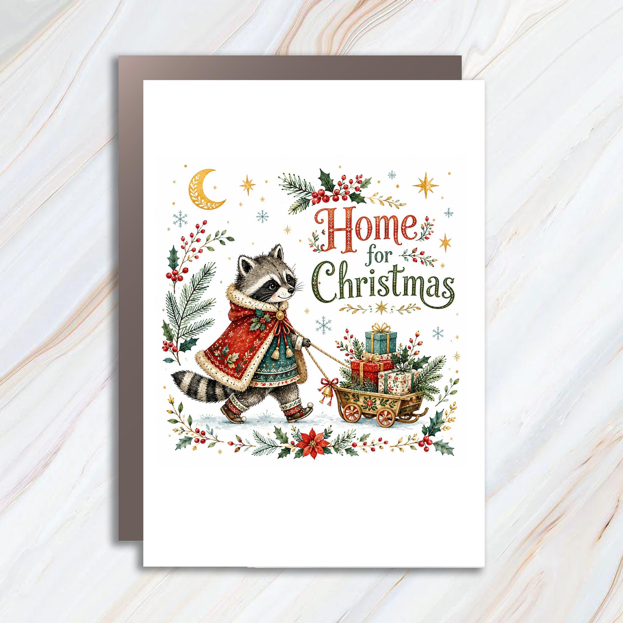 Home For Christmas Cute Raccoon Christmas Card Holiday Greeting Card Festive Animal For Family Friends Kids C1352