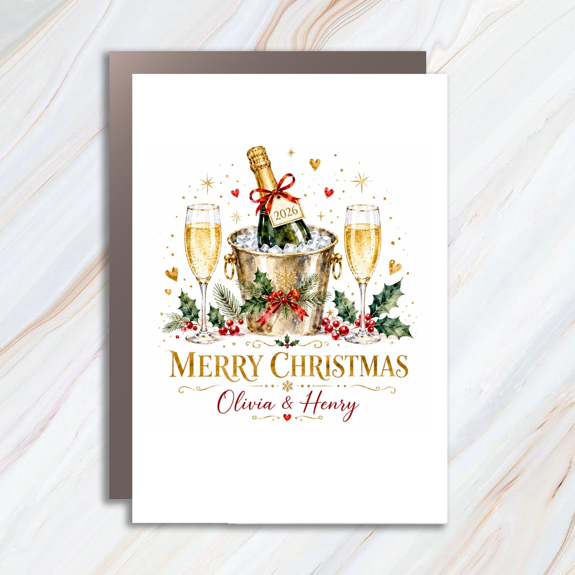 Merry Christmas Olivia & Henry Christmas Card Personalized Holiday Greeting Card Champagne Celebration Festive C1320