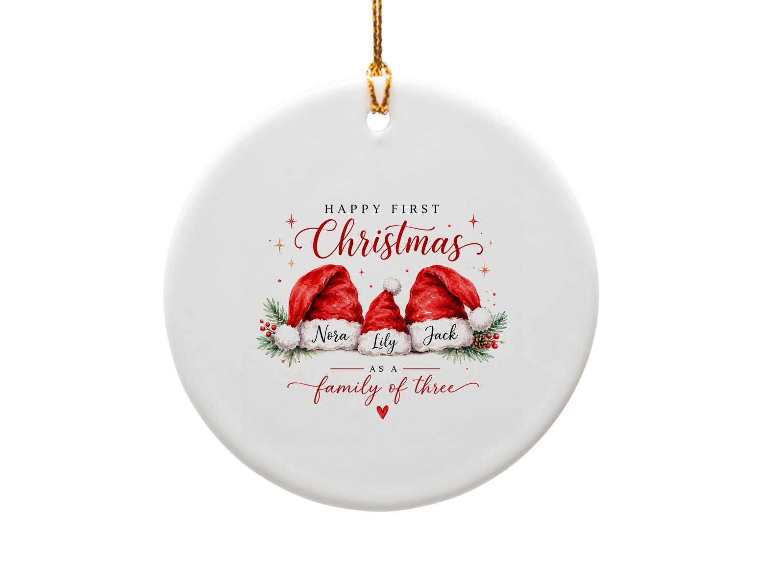 Happy First Christmas As A Family Of Three Ornament Personalized Santa Hat Ornament Family Holiday Decor Keepsake Gift O1318