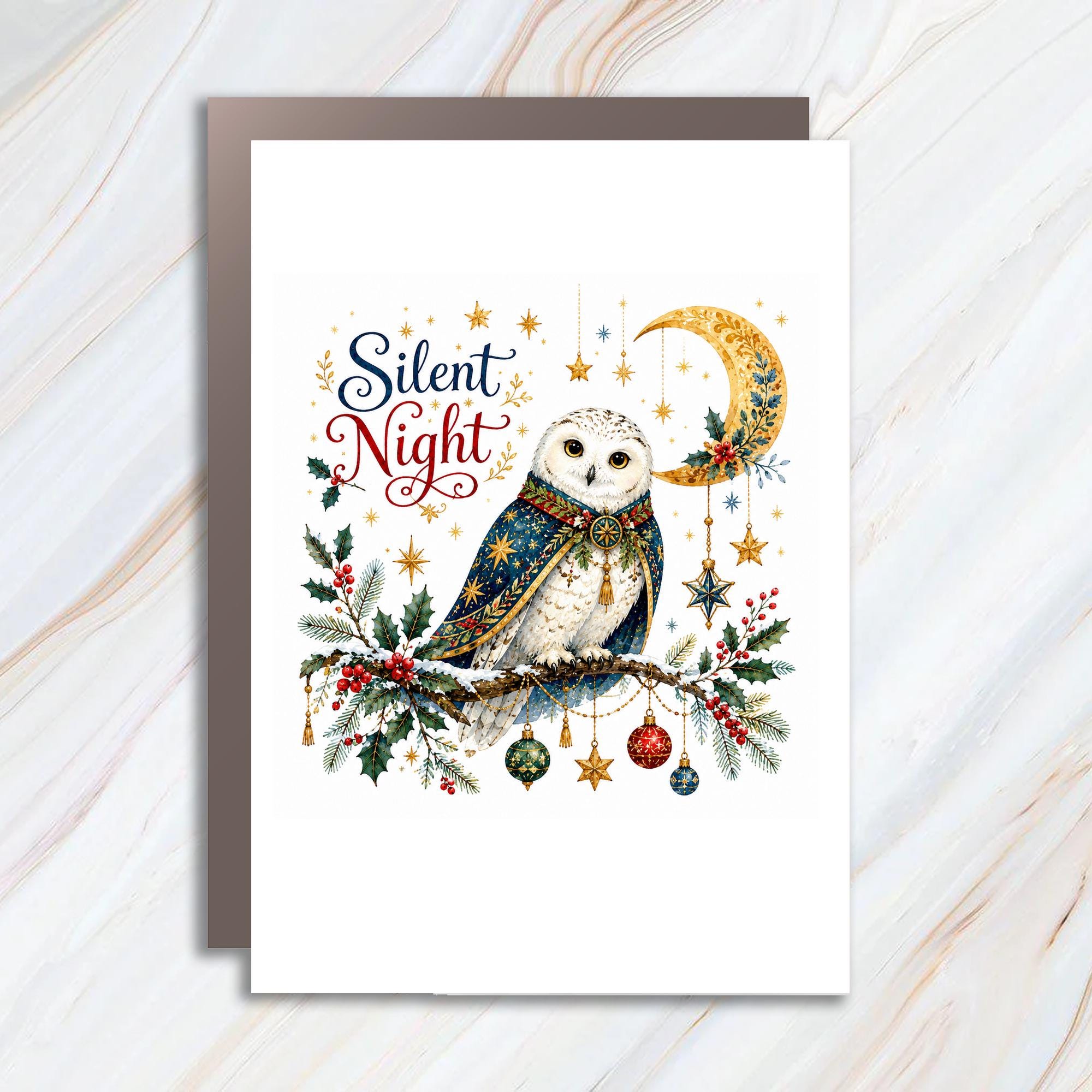 Silent Night Christmas Card Festive Owl Holiday Greeting Card Winter Scene For Nature Lover Cute Animal Card C1330