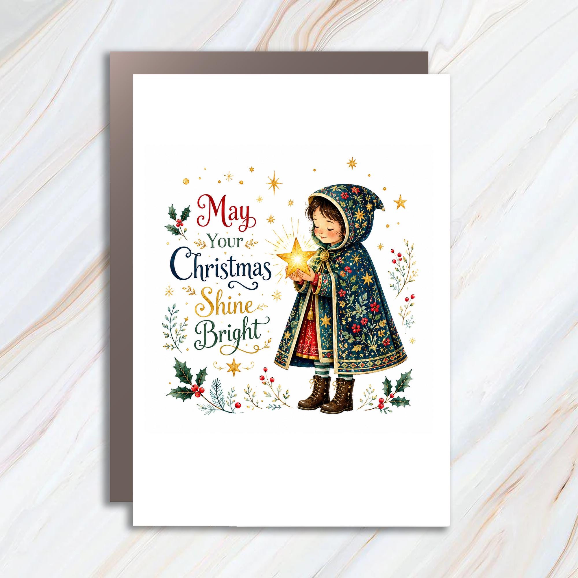 May Your Christmas Shine Bright Holiday Card Festive Christmas Card Cute Child Star Illustration Seasonal Greeting Card C1333