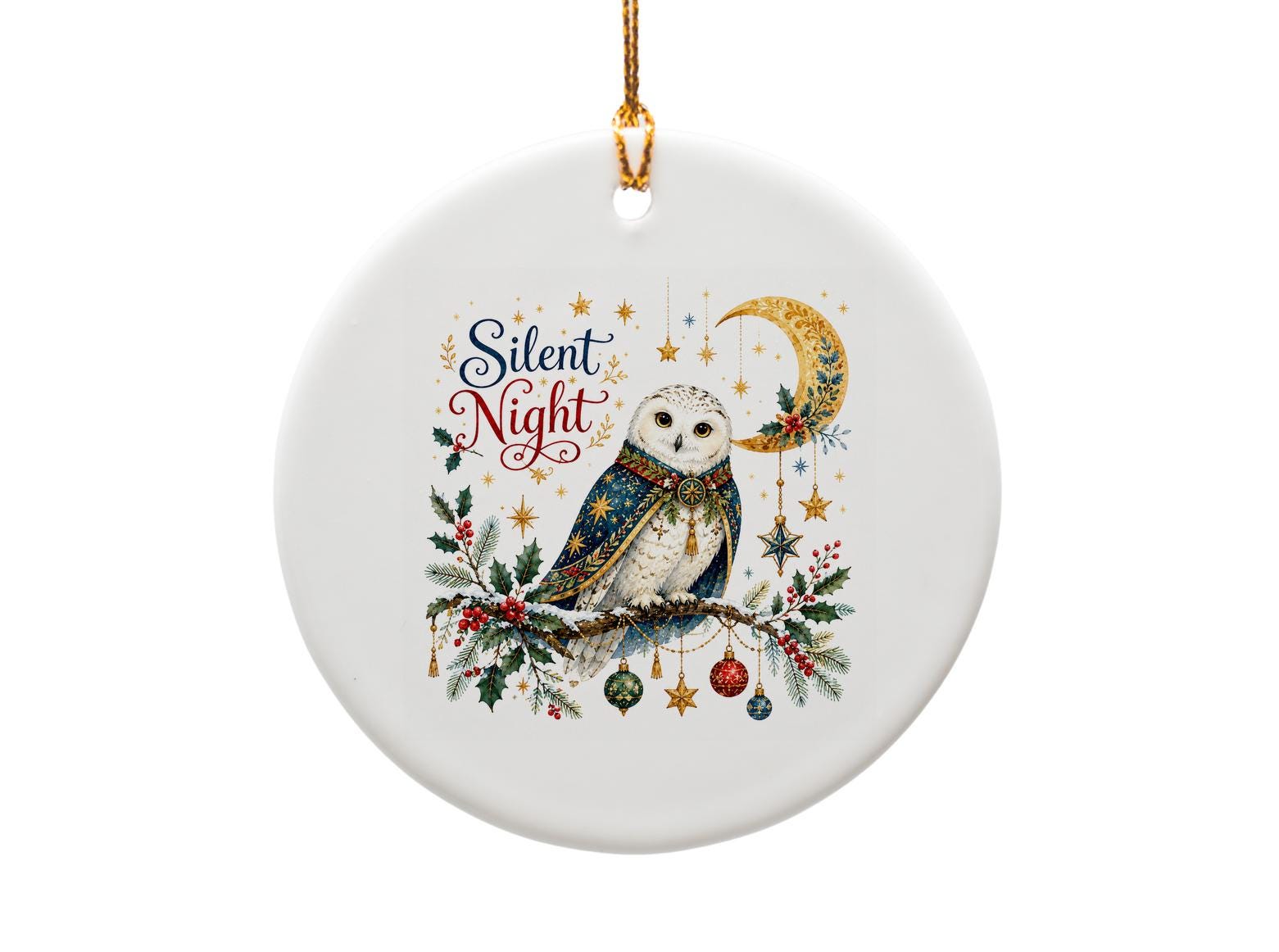 Silent Night Christmas Ornament Owl With Moon Stars Holiday Decor Winter Woodland Decoration Gift O1330