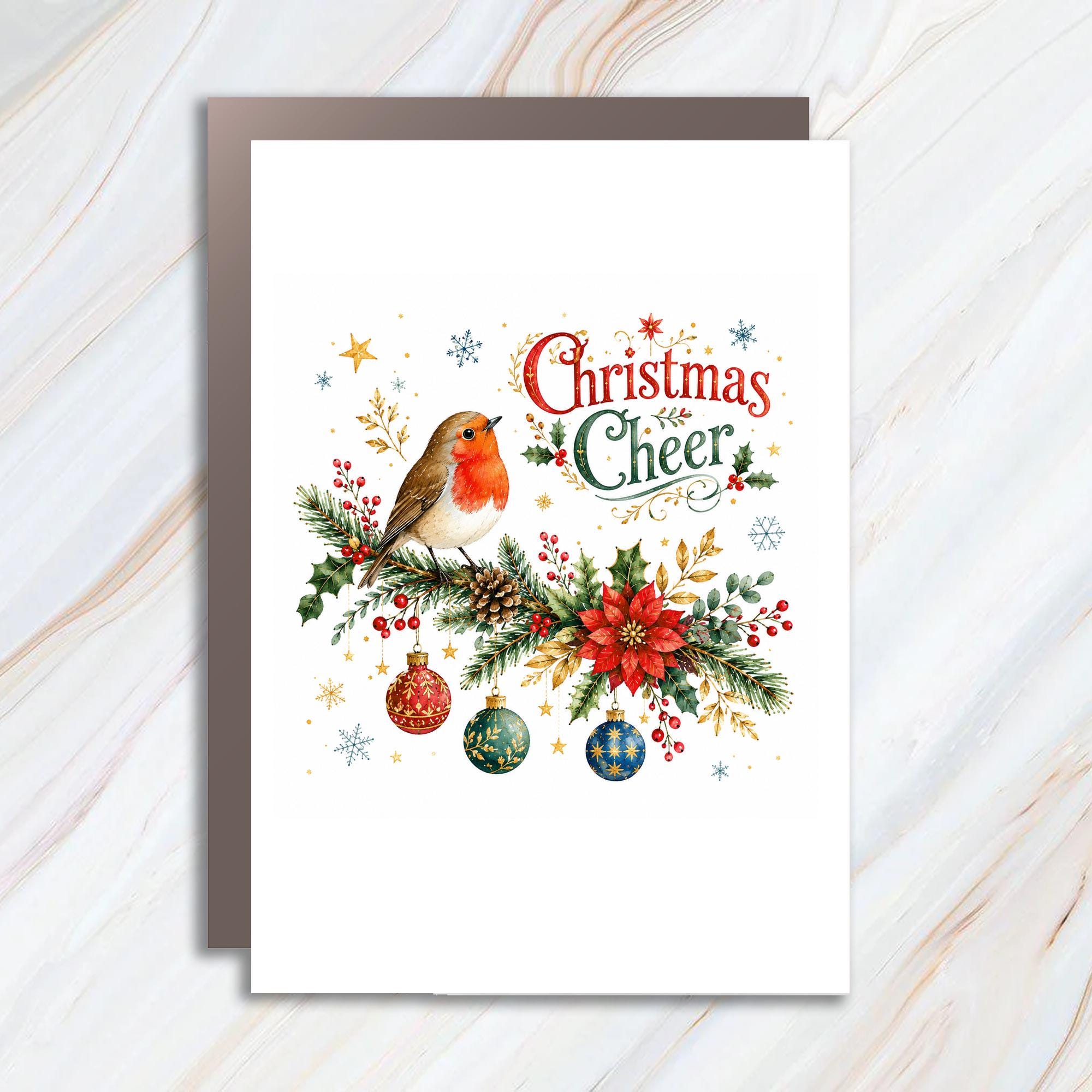 Christmas Cheer Christmas Card Robin On Branch With Ornaments Holiday Greeting Card Festive Winter Scene For Friends Family C1340