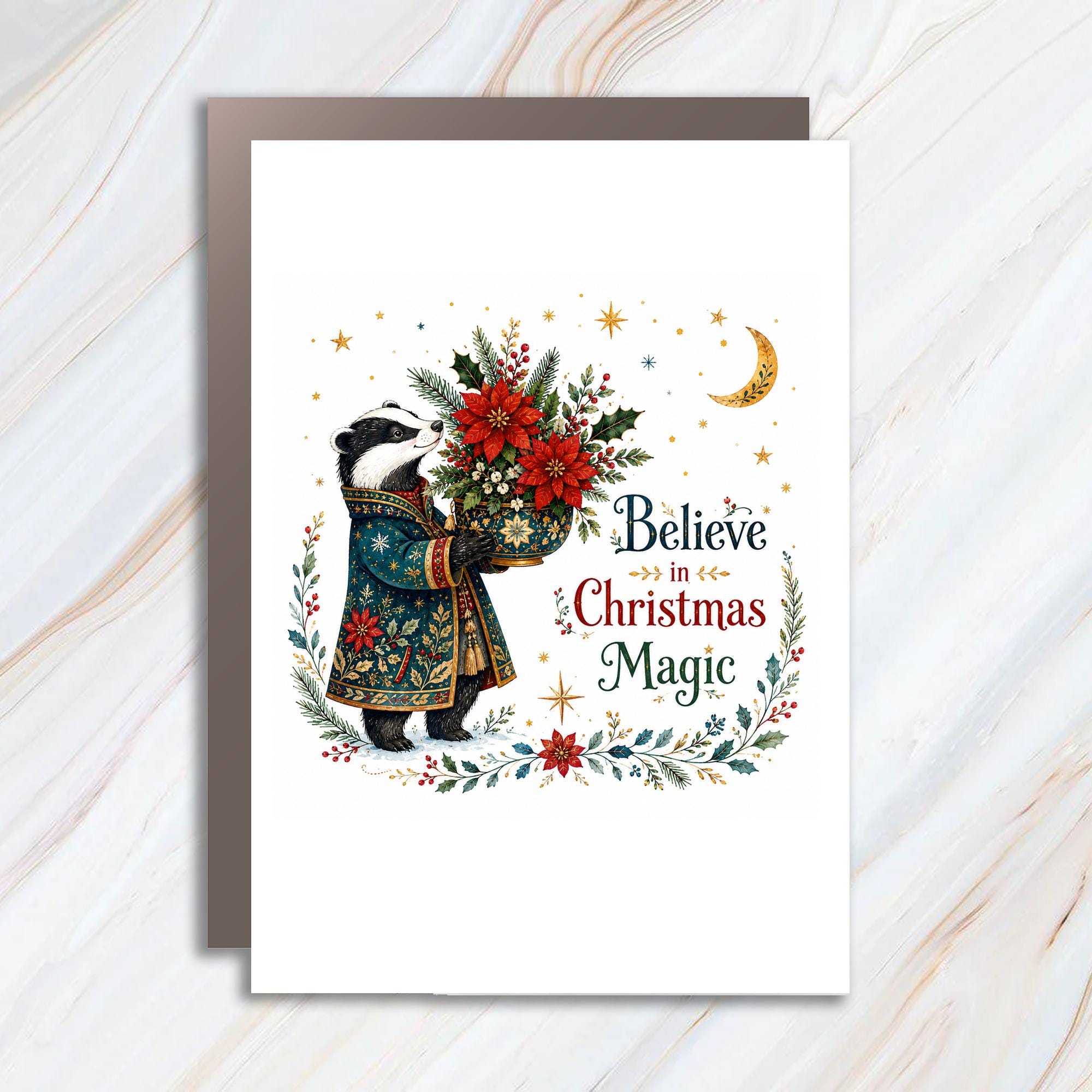 Believe In Christmas Magic Christmas Card Cute Badger With Poinsettia Bouquet Holiday Greeting Card Festive Animal Art C1343