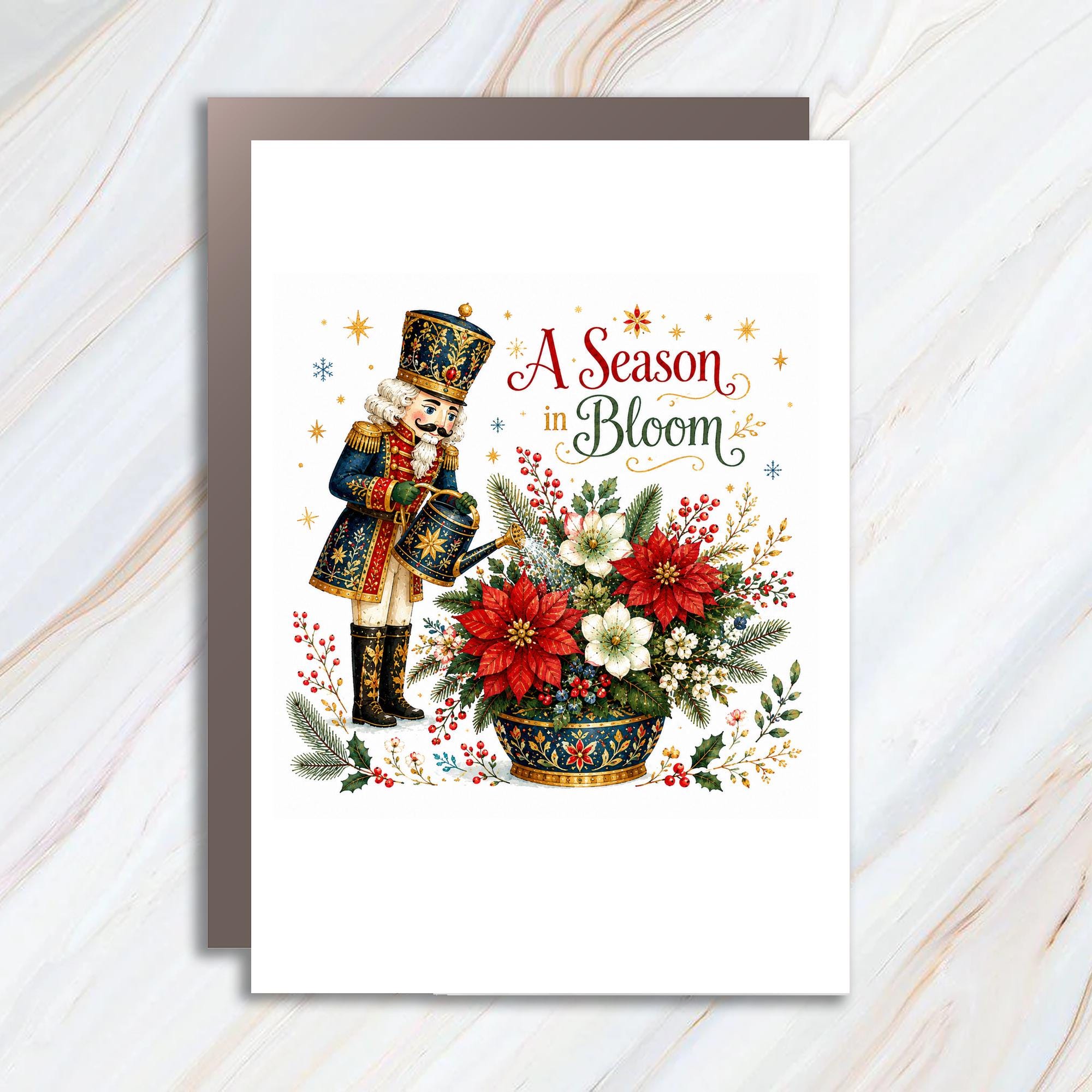 A Season In Bloom Christmas Card Nutcracker With Poinsettia Bouquet Holiday Greeting Card Festive Floral C1346