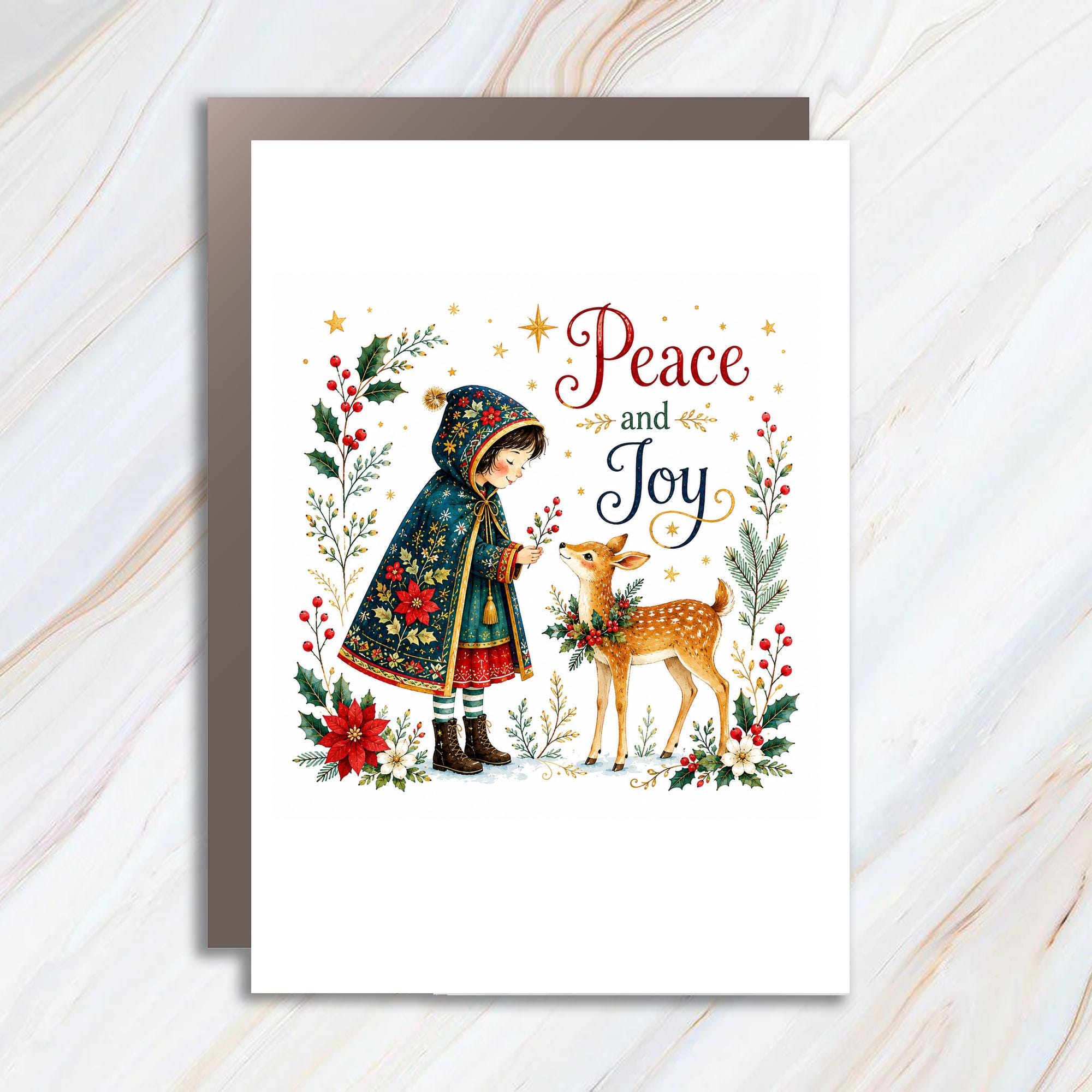 Peace And Joy Christmas Card Holiday Greeting Card Cute Girl And Deer Festive Illustration Winter Scene For Family C1349