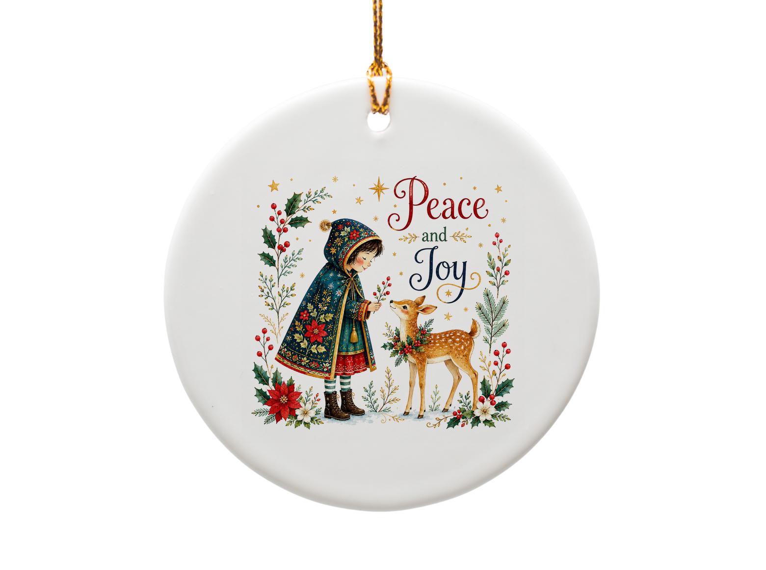 Peace And Joy Christmas Ornament Holiday Decor Girl With Deer And Holly Festive Winter Decoration Gift O1349