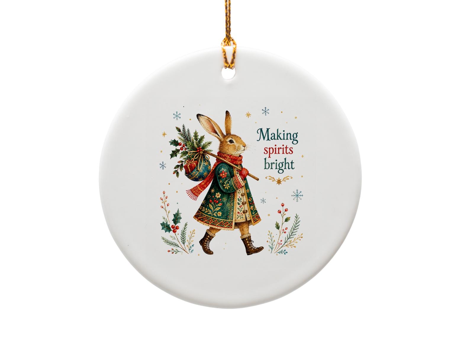 Making Spirits Bright Christmas Ornament Festive Rabbit Decoration Holiday Decor Cute Animal Winter Gift O1335
