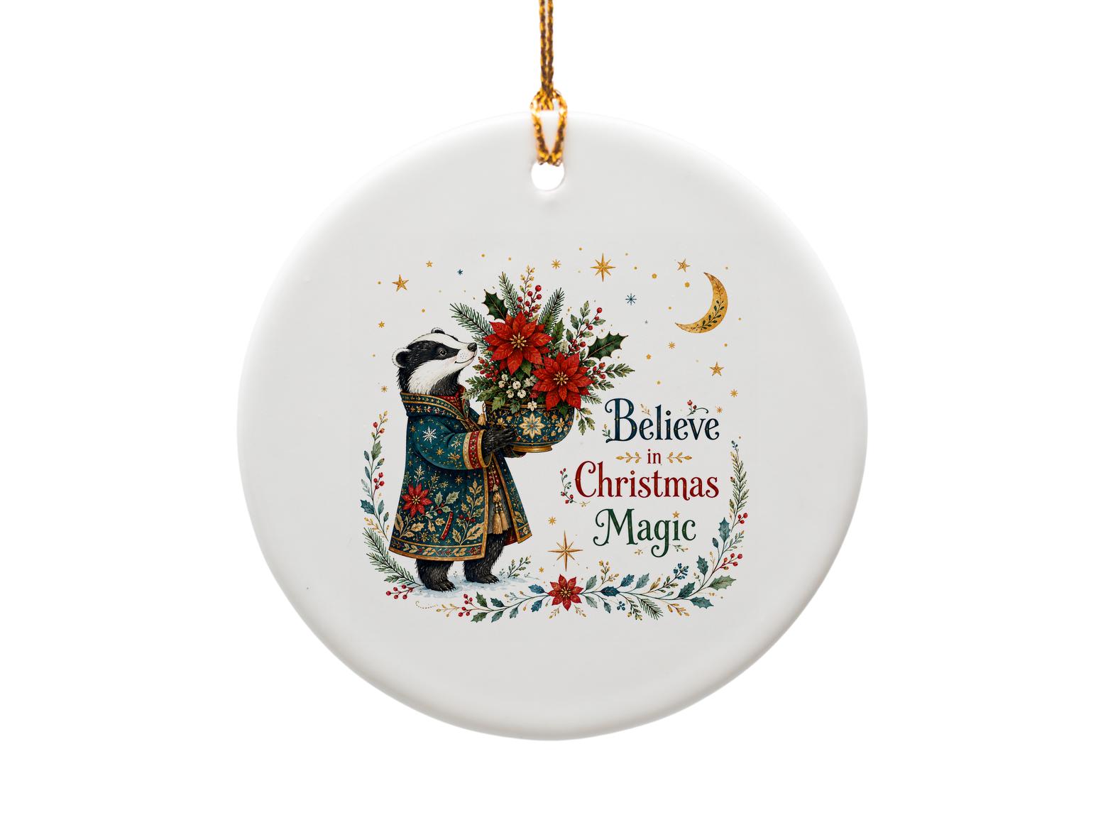 Believe In Christmas Magic Ornament Holiday Decor Badger With Poinsettia Bouquet Festive Christmas Tree Decoration O1343