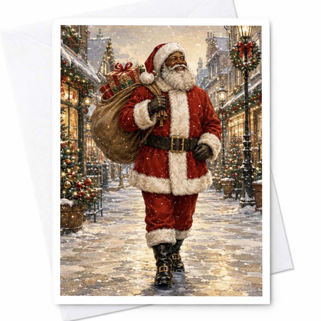 Santa Claus Christmas Card Festive Holiday Greeting Card For Family Winter Scene With Gifts Snowy Street C5957