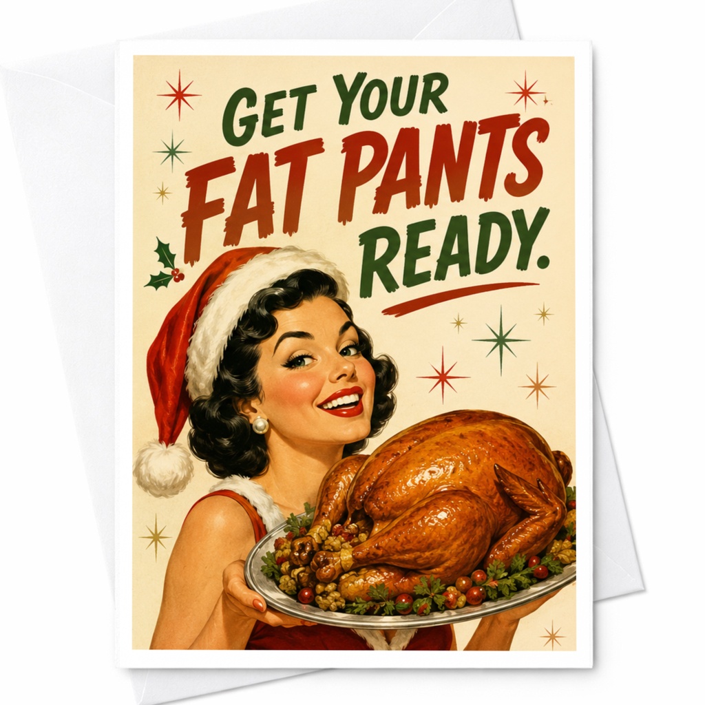 Get Your Fat Pants Ready Funny Christmas Card Retro Holiday Greeting Card For Her Festive Card With Turkey C5966