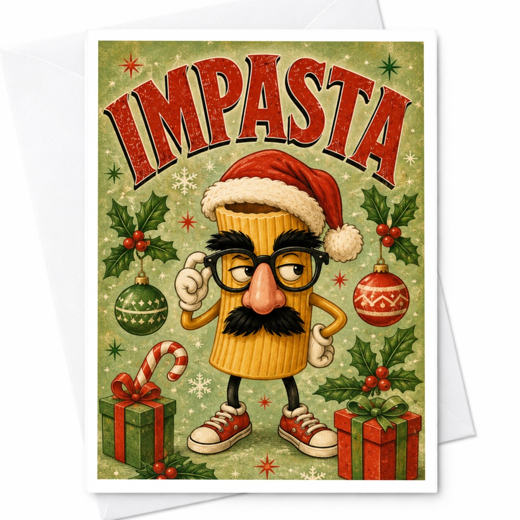 Impasta Funny Christmas Card Pasta Character With Santa Hat Cute Holiday Greeting Card For Food Lovers Xmas Card C5970