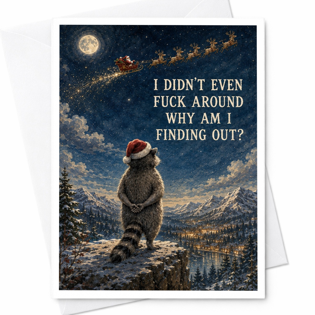 I Didn’t Even Fuck Around Why Am I Finding Out? Funny Christmas Card Raccoon Santa Hat Holiday Card For Friend C5974