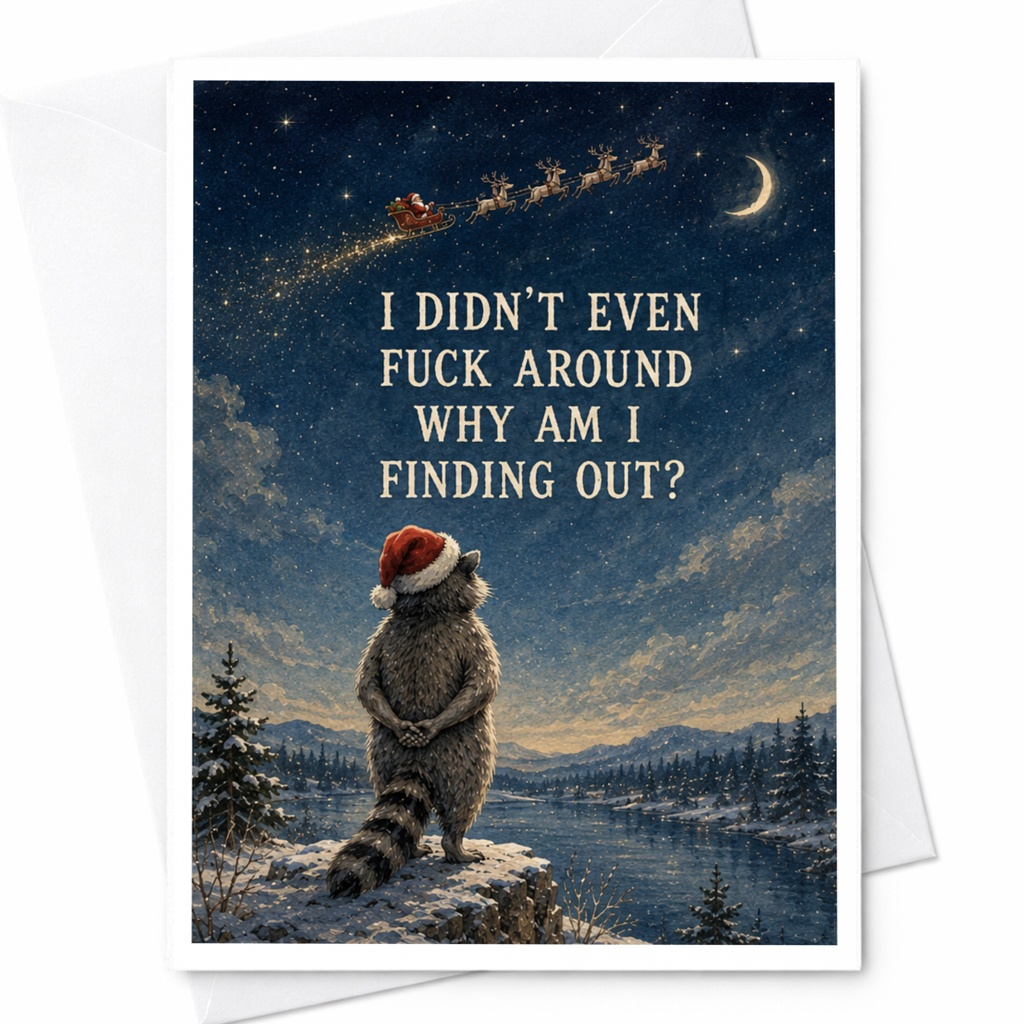 I Didn’t Even Fuck Around Why Am I Finding Out? Funny Christmas Card Raccoon Santa Hat Holiday Card For Friend C5975