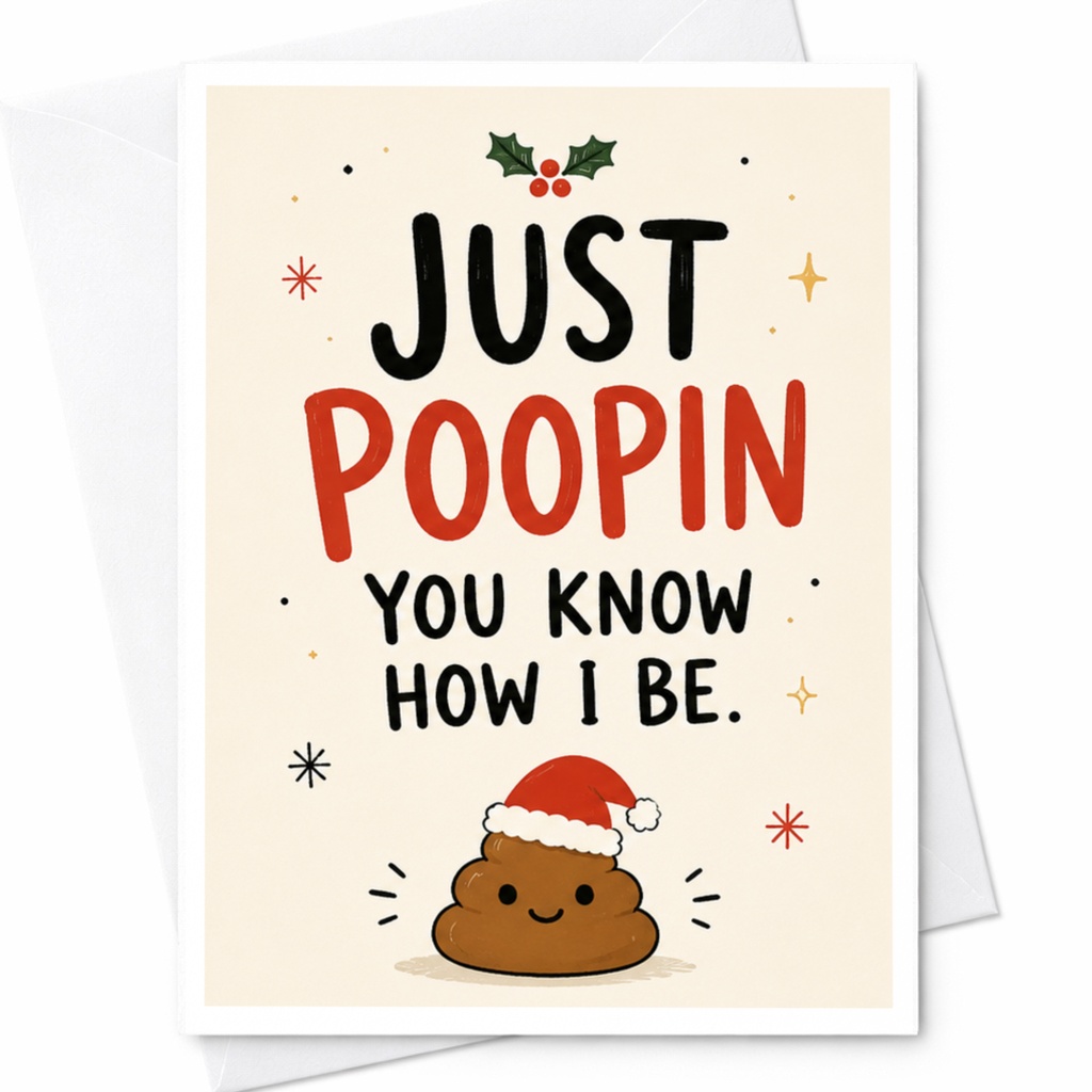 Just Poopin You Know How I Be. Funny Christmas Card Cute Poop Emoji Santa Hat Holiday Greeting Card For Friend C5976