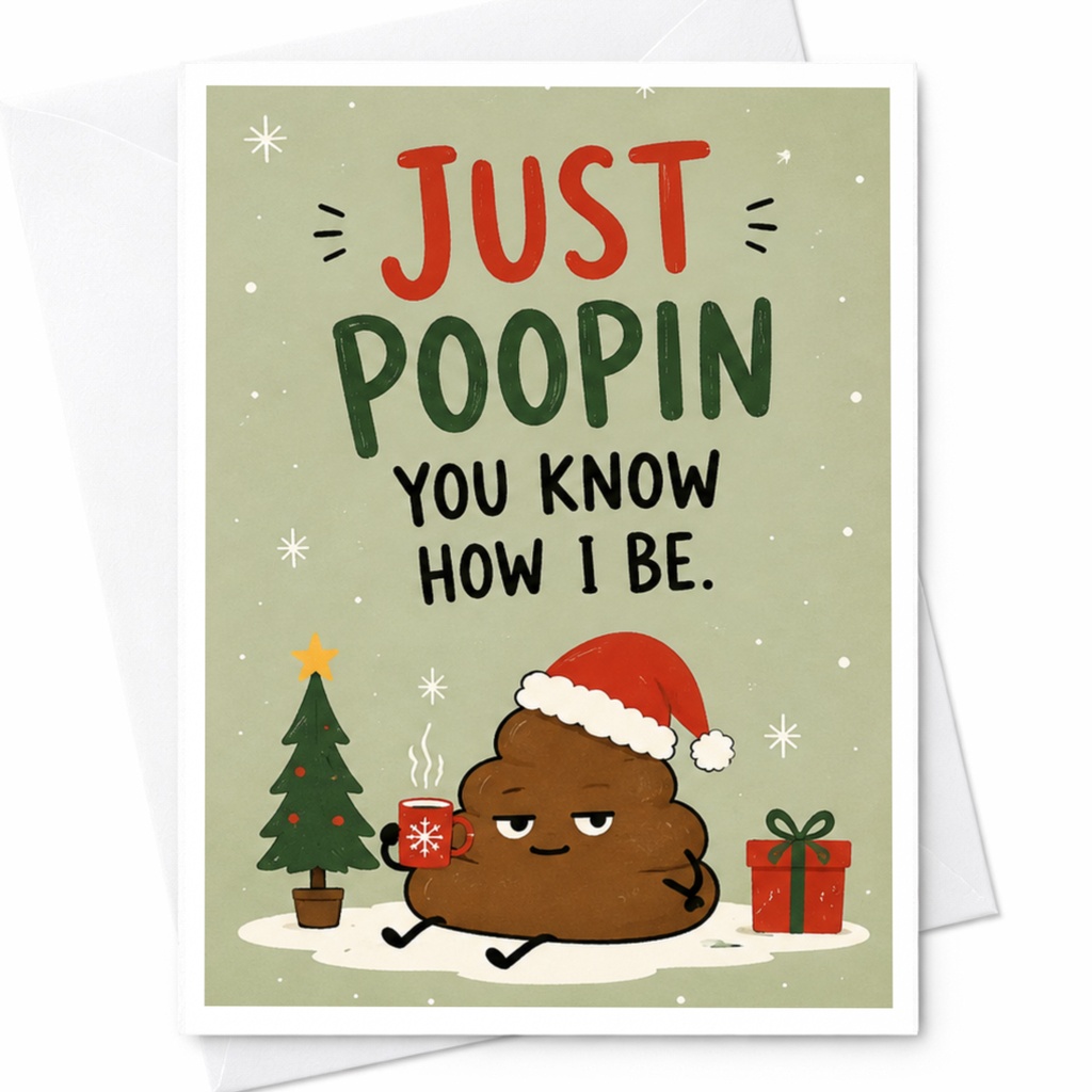 Just Poopin You Know How I Be. Funny Christmas Card Cute Holiday Greeting Card Santa Hat Poop Emoji Xmas Card C5977