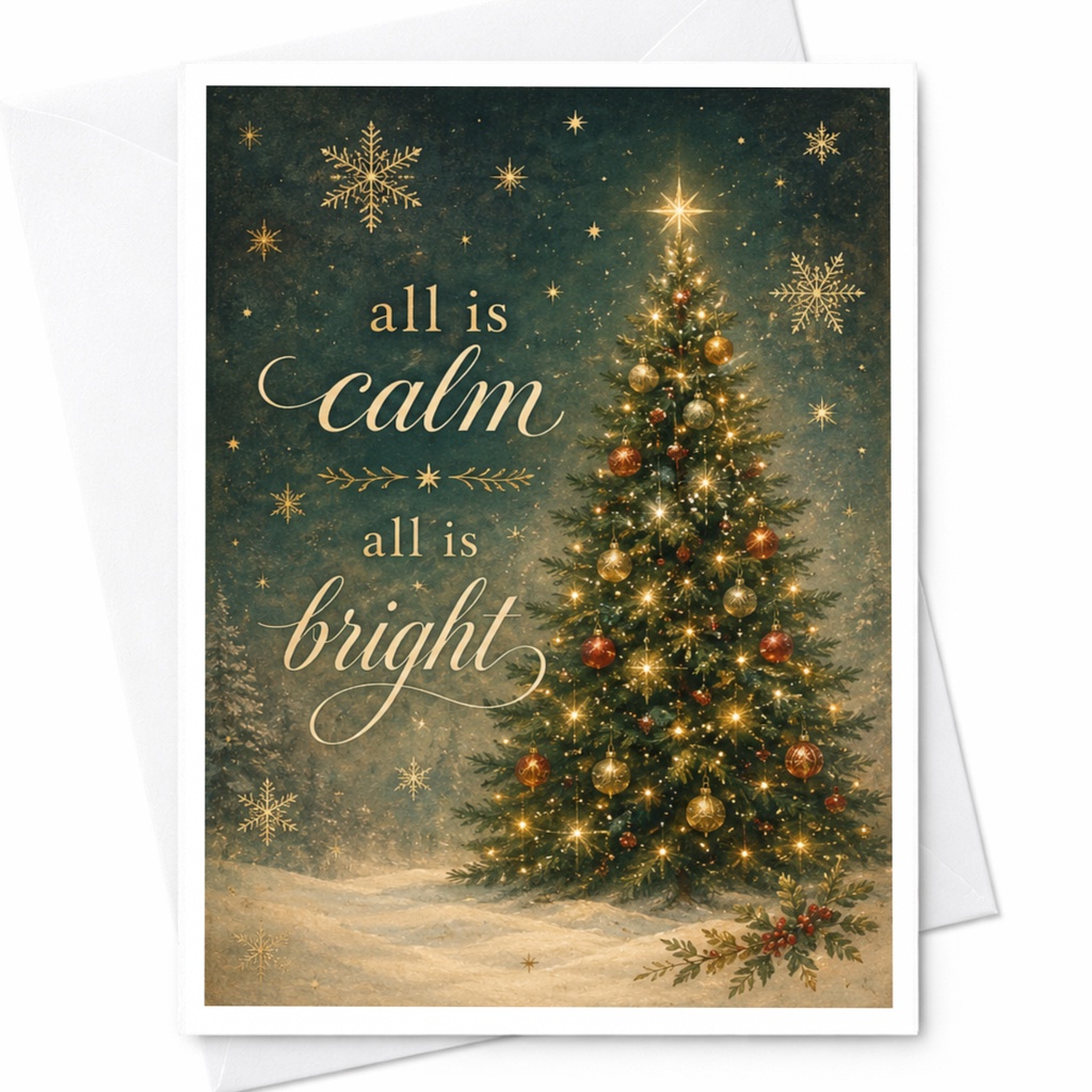 All Is Calm All Is Bright Christmas Card Festive Holiday Greeting Card With Tree Snowflakes Elegant Seasonal Card C5982
