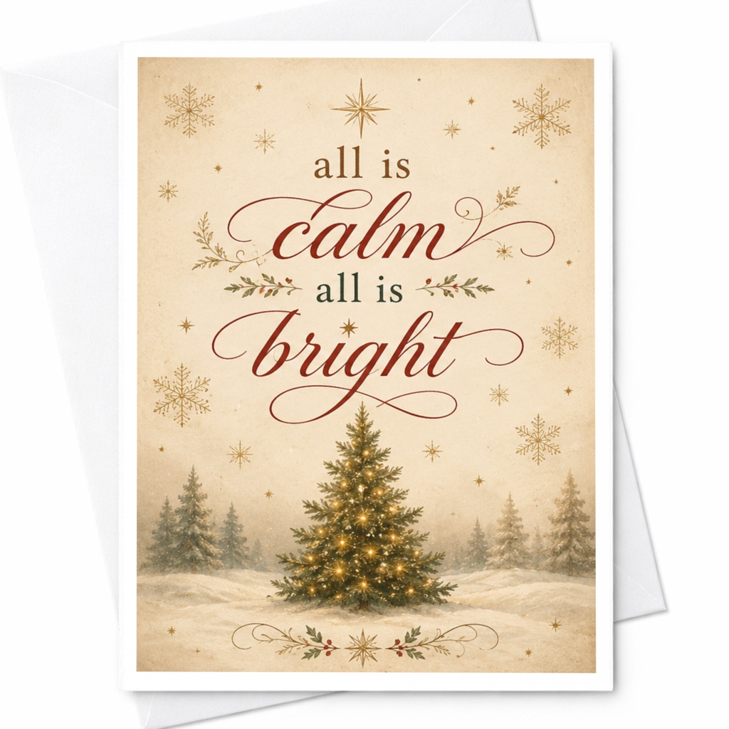 All Is Calm All Is Bright Christmas Card Festive Holiday Greeting Card With Tree Lights Winter Scene For Family Friends C5983