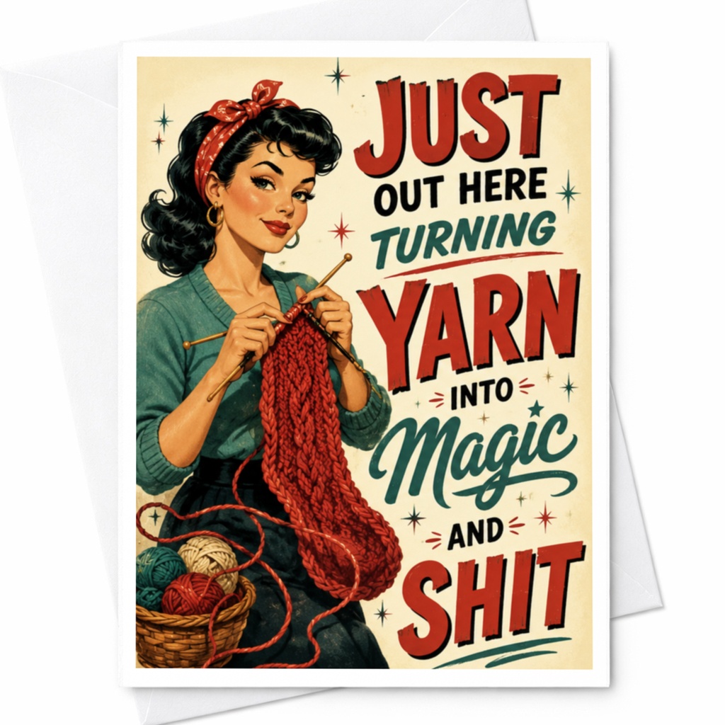 Just Out Here Turning Yarn Into Magic And Shit Funny Knitting Greeting Card Retro Style Yarn Lover Gift Everyday Card C5990