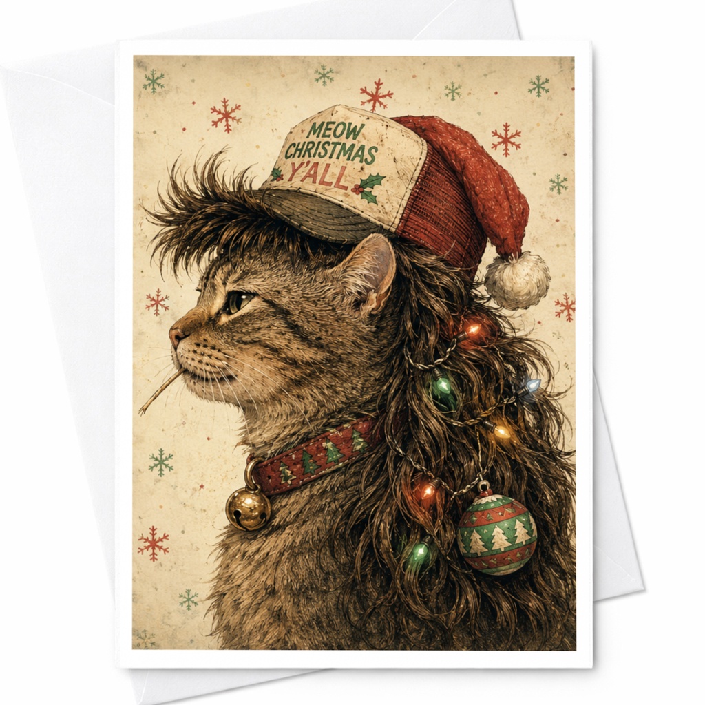 Meow Christmas Y'all Funny Cat Christmas Card Cute Holiday Greeting Card For Cat Lover Festive Animal Card With Santa Hat C5993