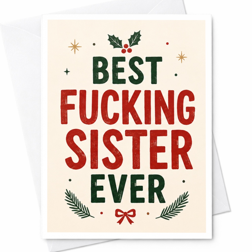 Best Fucking Sister Ever Christmas Card Funny Holiday Greeting For Sister Festive Typography With Holly And Bow C5994